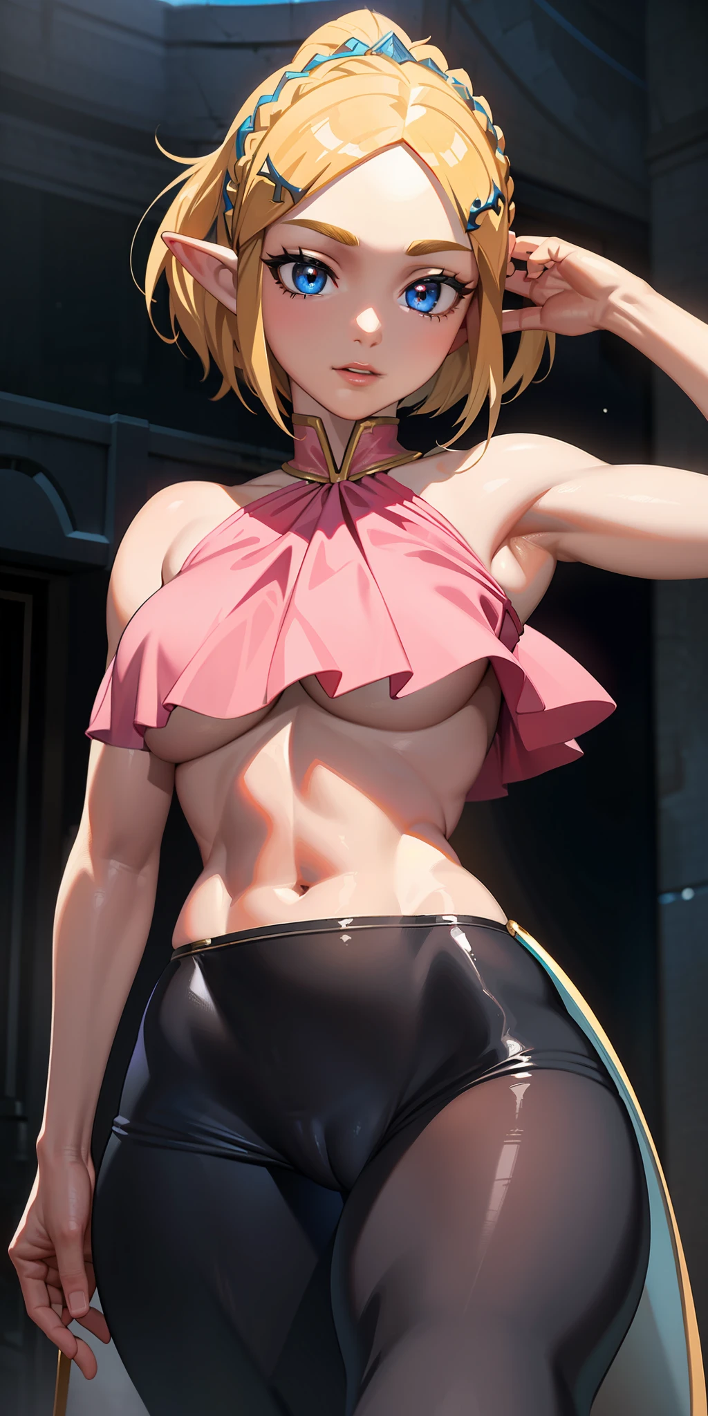 (photorealistic:1.4), ((thick body, slim waist)), (masterpiece, sidelighting, finely detailed beautiful eyes: 1.2), (princess zelda:1.2), masterpiece, realistic, 3d face, glowing eyes, short hair, lustrous skin, solo,, (midriff), blonde hair, 80s aesthetic, underboob, loose crop top, pink, neon, ahegao face, view from below, (cameltoe:1.1)