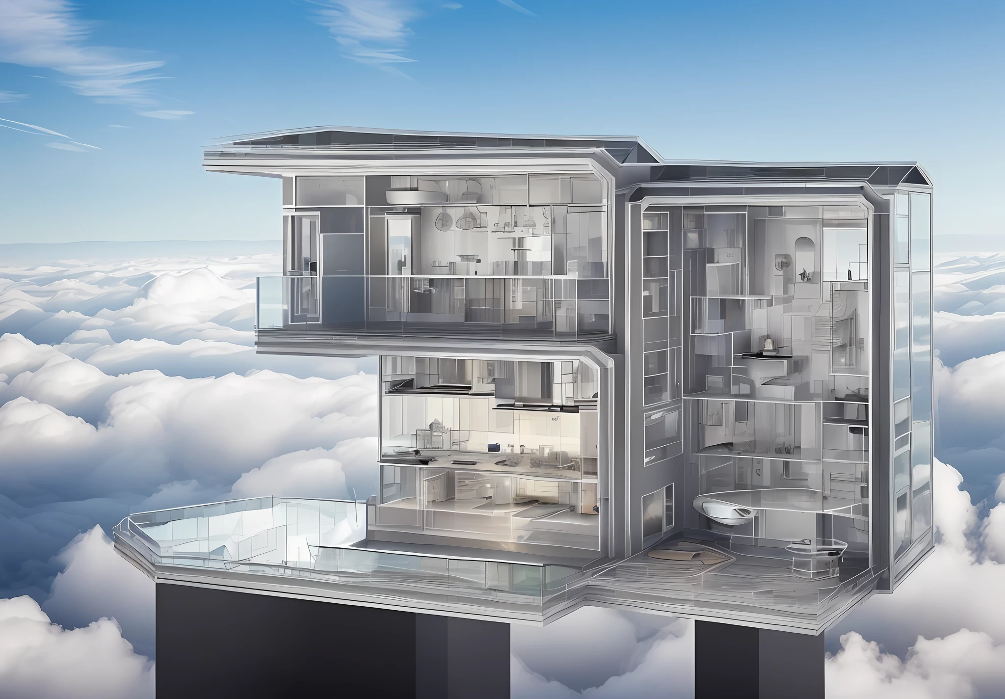 The exterior wall is glass-textured, there are two kitchens, kitchen has, water purifier, gas stove, range hood, water heater, disinfection cabinet, bathroom, bathroom with water heater, 30th anniversary celebration, surreal, on the clouds, levitation, 30 textures are transparent glass, appliances in the kitchen are real, futuristic, minimalist, Bauhaus, ray tracing, atmospheric perspective, panorama, structure of Monument Valley, high details, high quality, super detail, ccurate, UHD