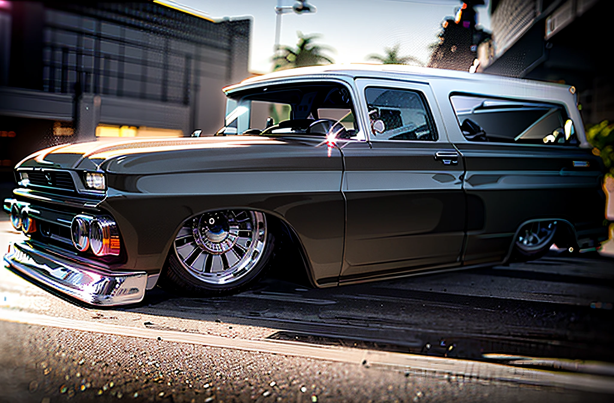 there is a gray truck with a white top and chrome wheels, lowrider style, swagger! lowrider culture, wide body, lowriders, perfect shading, classic chrome, chrome body, steel gray body, with big chrome tubes, extremely polished, sideview, restomod, looking regal and classic, nice colour scheme, 2 tone colors only, clean style