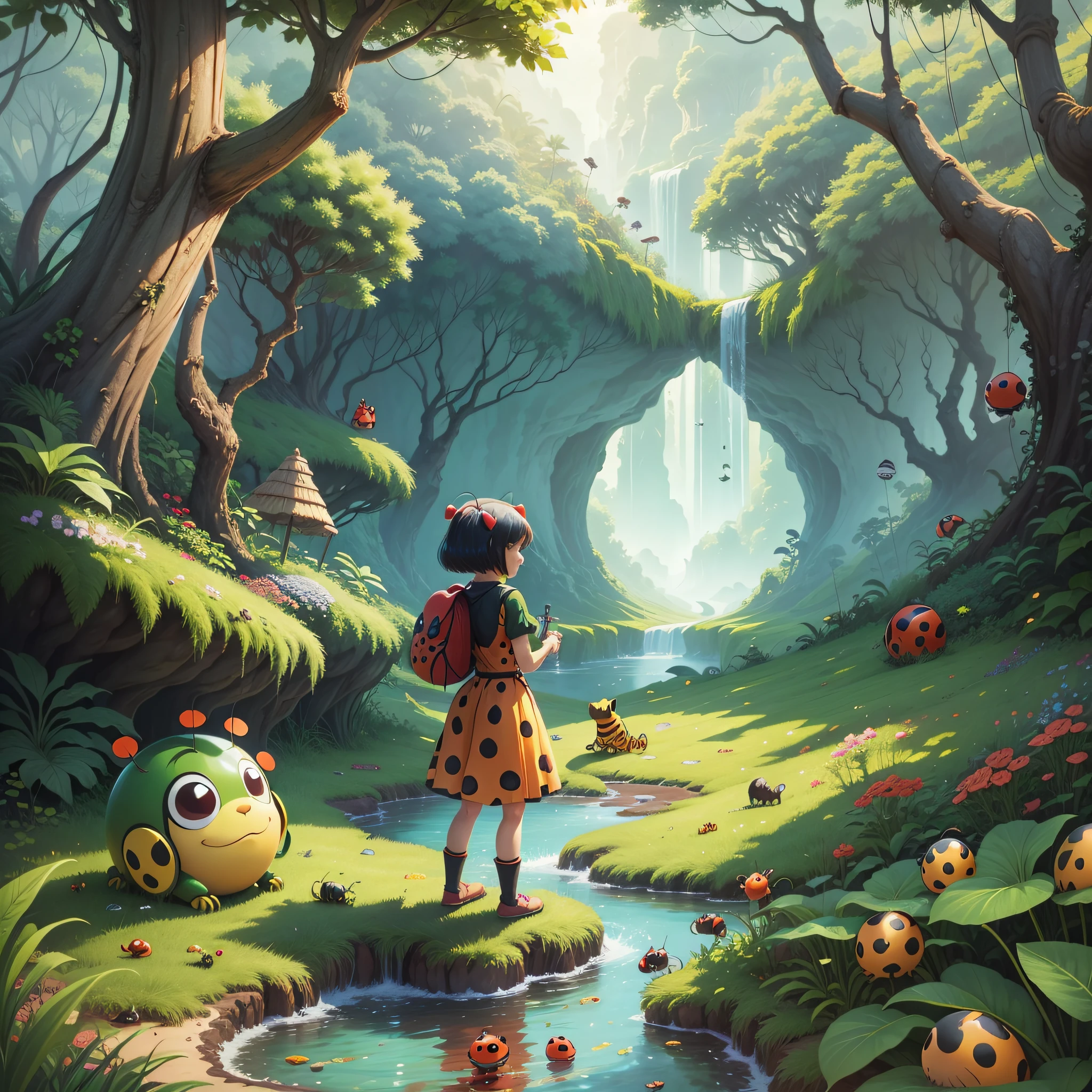 2d, cartoon style, ladybug girl, jungle with landscape of animals in the background --auto --s2