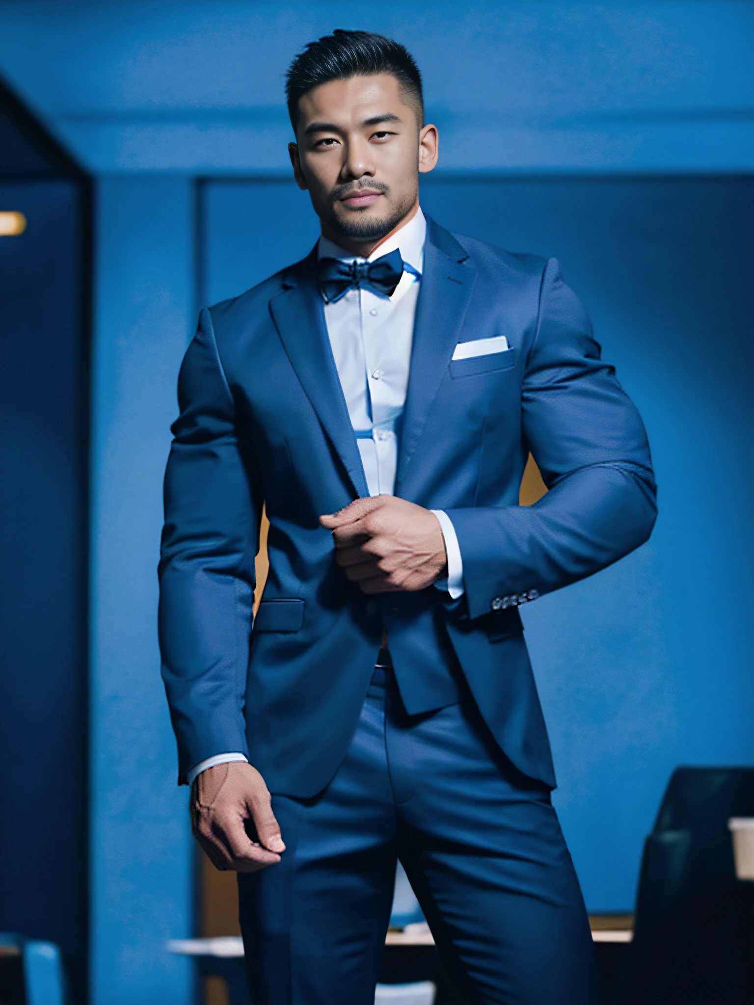 Asian man in blue suit and white shirt standing in a room, muscular man, strong, wearing a strict suit, wearing a suit, wearing a strict suit, blue suit, handsome and elegant, wearing a suit, wearing a suit, wearing a strict suit, masculine high fashion, wearing a suit, suit, wearing a dark blue suit
