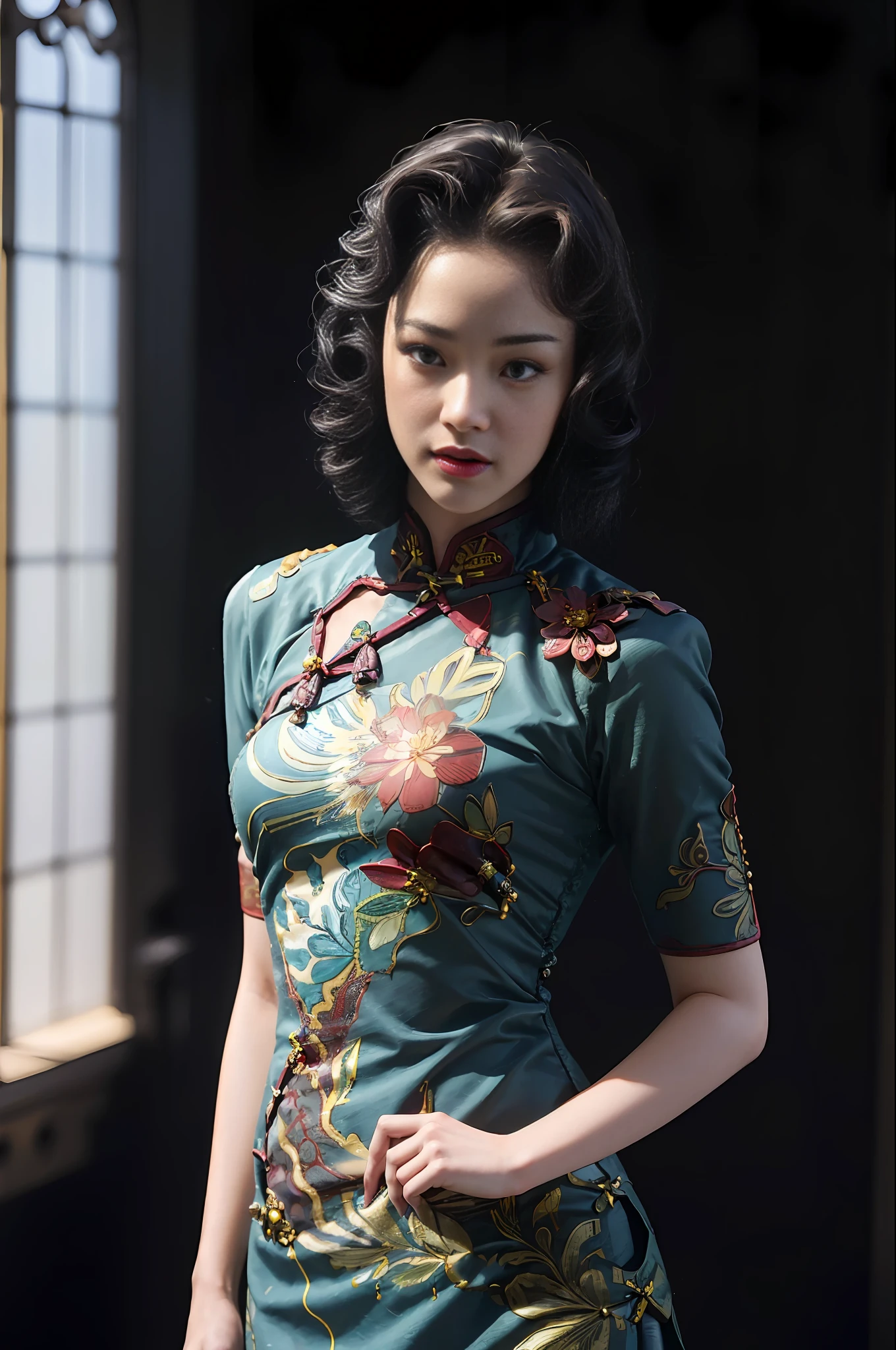 (sexy cheongsam), yumo,,, church, closeup, best quality, masterpiece, depth of field,highest quality,extremely detailed,high res,4k,ultra high res, (photorealistic:1.4), (cowboyshot:1.2), beautiful lighting,1girl,solo,realistic skin, closed mouth, ((small beast, narrow waist)), short hair, wavy hair, black hair