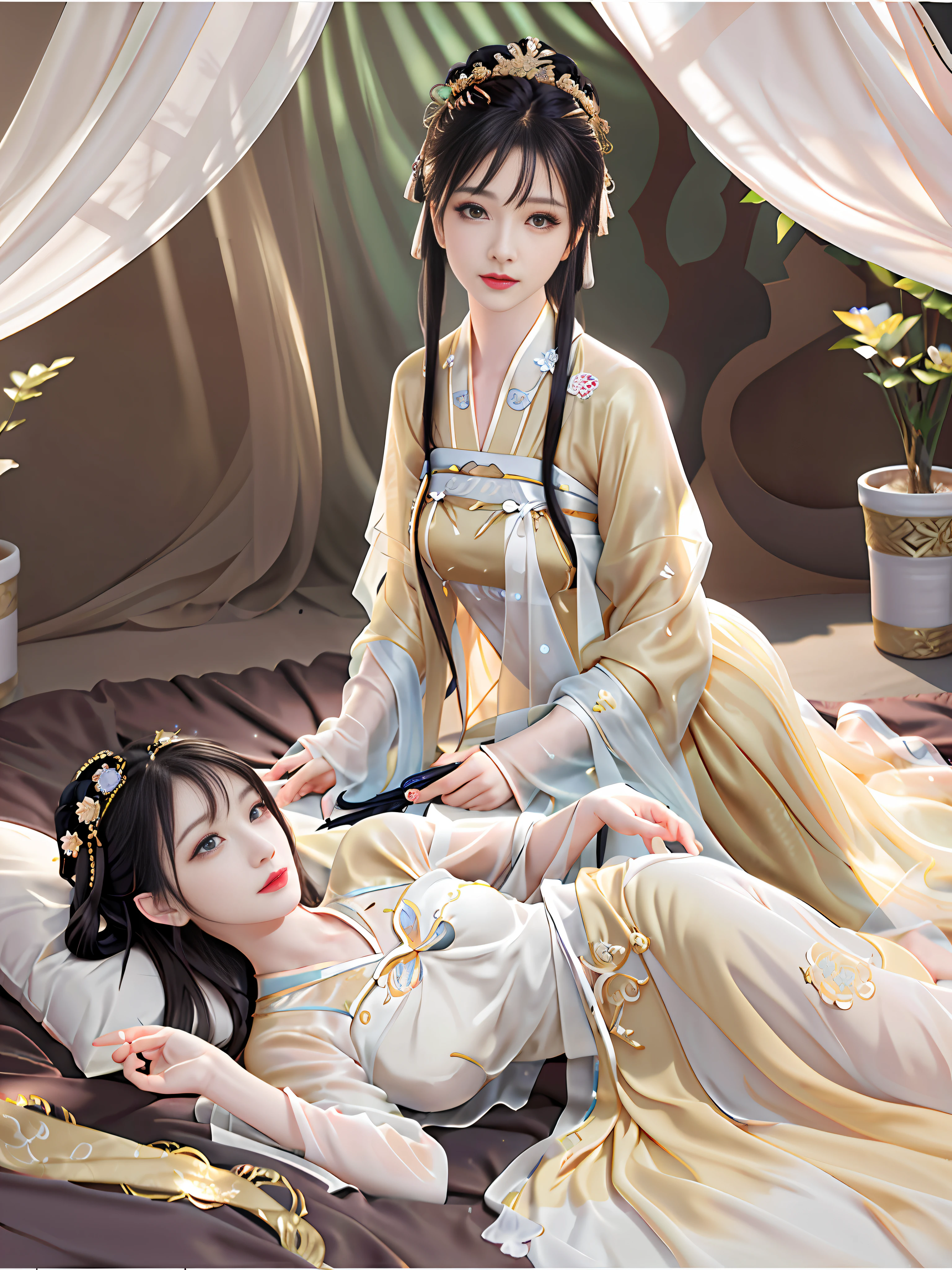 Best quality, masterpiece, high resolution, (couple cuddles), (Hanfu: 1.2), (gold thread stitching: 1.1), white translucent silk Hanpeng, (translucent silk: 1.3), (Ancient Chinese palace: 1.2), Lips, dresses, (hair accessories: 1.2), (ancient Chinese bed: 1.3), , Long hair, medium chest, Delicate beautiful eyes, Delicate eyelashes, Beautiful face, upon_body, Tyndall effect, (Realistic: 1.2), Edge Lighting, Bi-tone Lighting, (High Detail Skin: 1.2), 8K UHD, DSLR, Soft Light, High Quality, Volumetric Light, Snapshot, (Photo: 1.1), High Resolution, Highest, High Resolution, Detailed Eyelashes, Beautiful Face, Body, Tyndall Effect, Two-tone Lighting, (High Detail Skin: 1.2), 8K Ultra HD, Soft Light, High Quality, Volume Lighting, Frank Shooting, (Low Angle Shooting: 1.1), (Men and Women Lying in Bed), Sexy, Chivalrous.