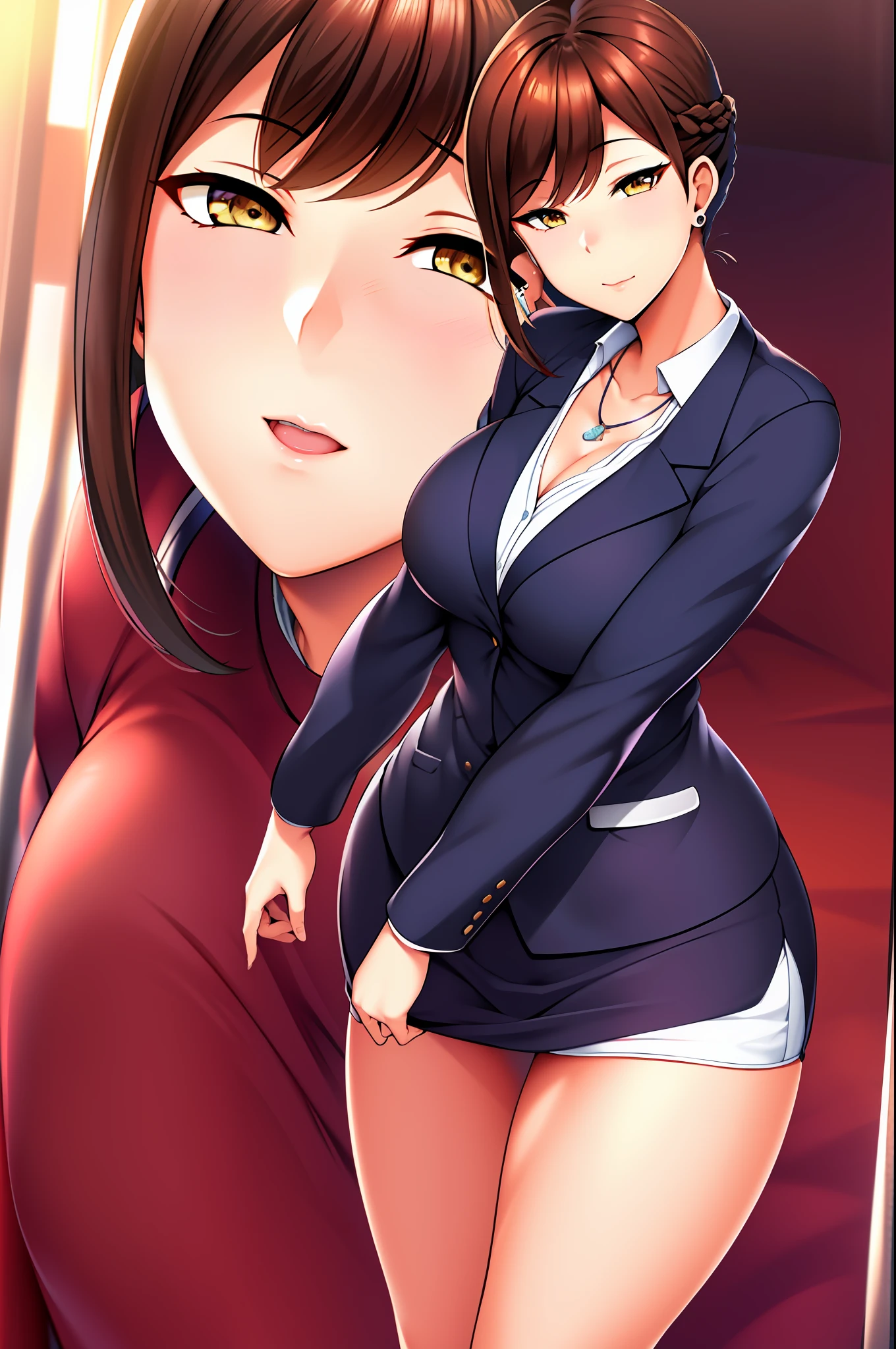 (Night:1.2), Japan, Tokyo, CityView, Before Window,
Standing at attention,(from_front),
formal, blue jacket,pencil skirt,white shirt,pantyhose,
jewelry,earrings,necklace,office lady,
brown hair, yellow eyes,bangs,braid,
1 girl, 24yo,mature female,Beautiful Finger,Beautiful long legs,Beautiful body,Beautiful Nose,Beautiful character design, perfect eyes, perfect face,
looking at viewer,girl in the center of the image,
NSFW,official art,extremely detailed CG unity 8k wallpaper, perfect lighting,Colorful, Bright_Front_face_Lighting,
(masterpiece:1.0),(best_quality:1.0), ultra high res,4K,ultra-detailed,
photography, 8K, HDR, highres, absurdres:1.2, Kodak portra 400, film grain, blurry background, bokeh:1.2, lens flare, (vibrant_color:1.2)
(Beautiful,Large_Breasts:1.2), (beautiful_face:1.5),(narrow_waist),