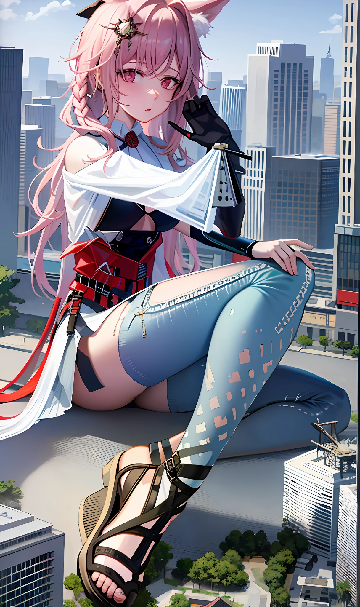 1girl, jeans, t-shirt, hongxuehead, wolf ears, sandals, giantess, modern city, on the road, from below, the people around are startled