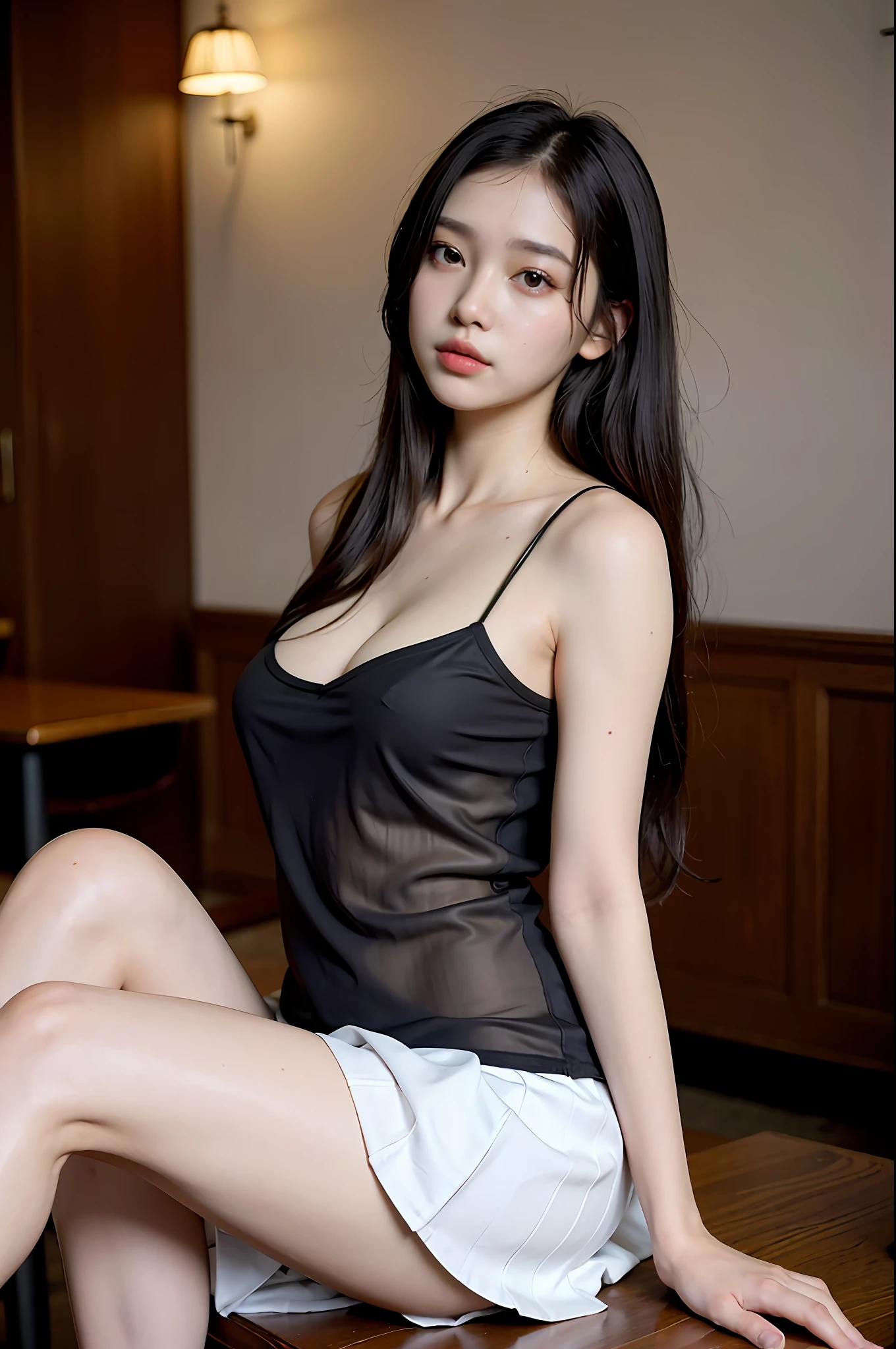 Woman in black slip dress, white short skirt, a surreal schoolgirl, realistic schoolgirl,, schoolgirl posing, whole body, beautiful skin, glowing skin, beautiful thighs, glowing thighs, nightclub, wine glasses, lights in the background