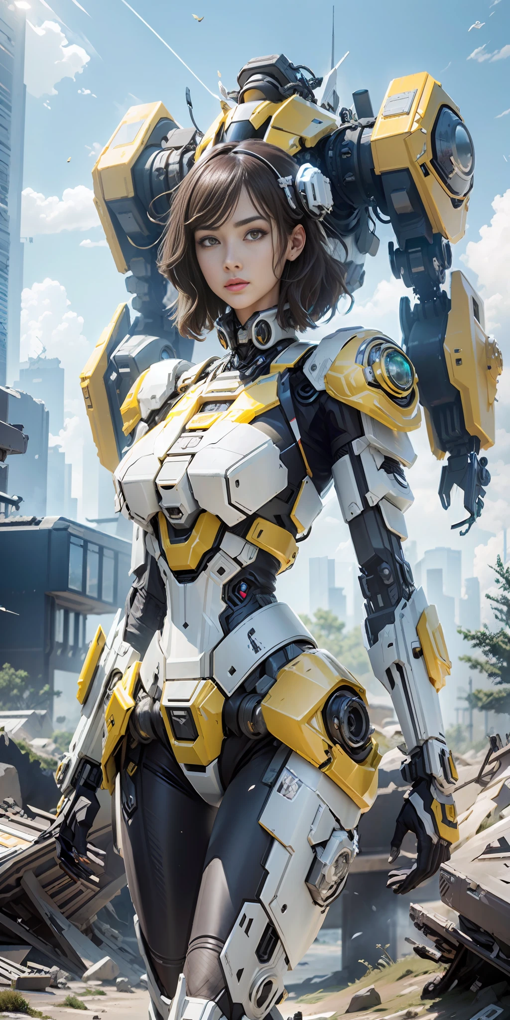 ((Best Quality)), ((Masterpiece)), (Very Detailed:1.3), 3D, Shitu-mecha, Beautiful cyberpunk woman with her mech in the ruins of a city in the forgotten war, ancient technology, HDR (High Dynamic Range), ray tracing, NVIDIA RTX, Super Resolution, Unreal 5, Subsurface scattering, PBR texture, Post processing, Anisotropic filtering, Depth of field, Maximum sharpness and sharpness, Multilayer texture, Albedo and highlight maps, Surface shading, Accurate simulation of light-material interactions, perfect ratios, octane rendering, dark lighting, low ISO, white balance, rule of thirds, wide aperture, 8K RAW, high efficiency sub-pixels, subpixel convolution, luminous particles, light scattering, tyndall effect