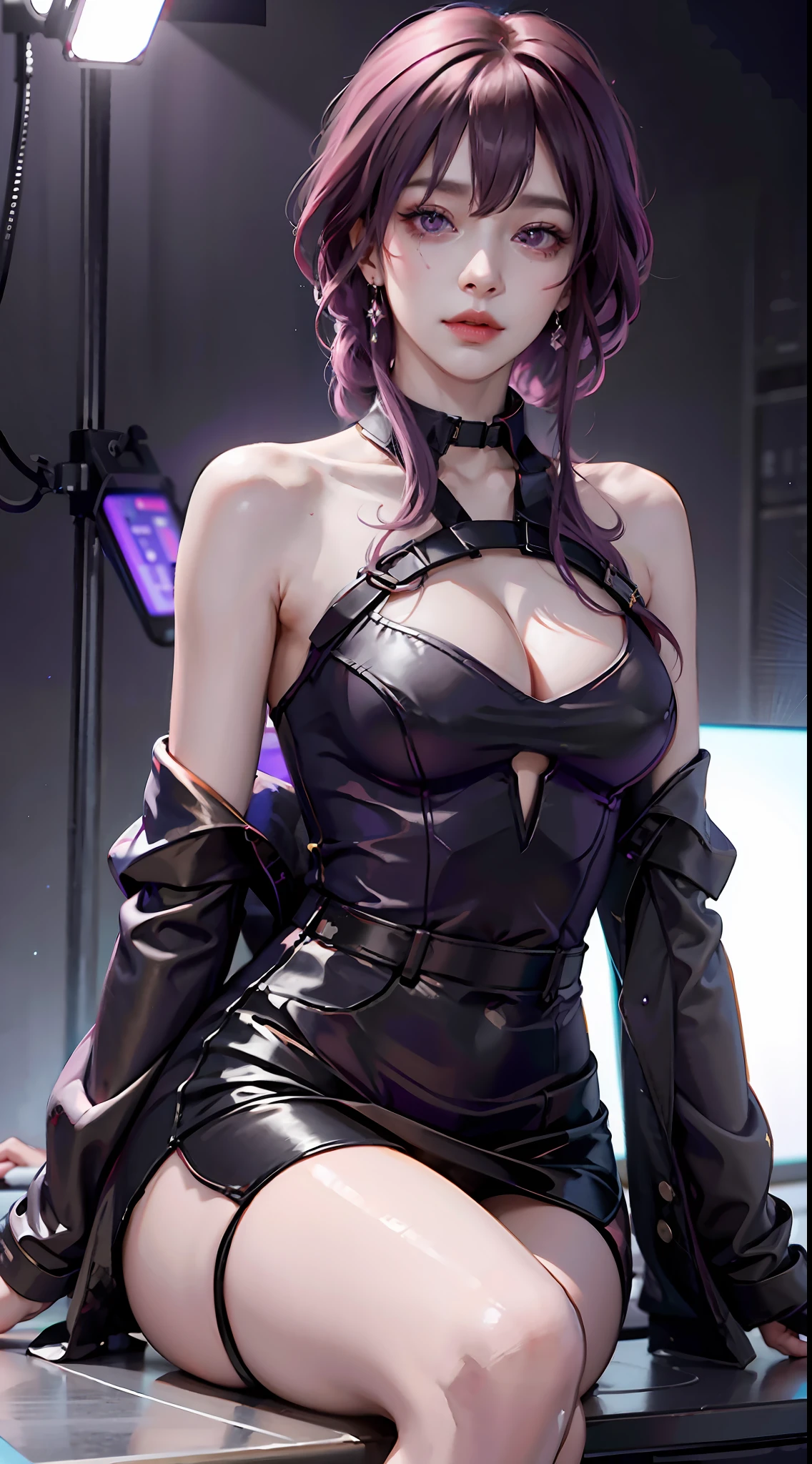 Masterpiece, Best Quality, 1girl, Official, Purple Eyes, Purple Hair, Bustiness, Cowboy Shot, Looking at the Audience, Dark, (Darkness), Cinematic Light, Edge Light, Delicate Eyes, (pureerosface_v1:0.5), Looking at the Audience, (Realisticity: 1.2), Provocative, Honkai Star Track, Cross-legged, Arrogant, Bangs Evil Face, Apocalyptic Background