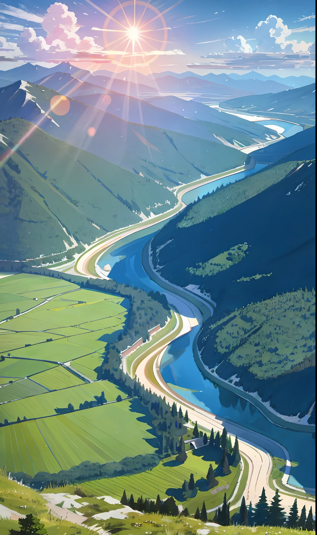 The rivers between the mountains and forests flow gently, and the detailed background rendering of the scenery is a masterpiece. Under the extreme picture quality, the sun gathers into a large aperture during the day, and the clouds are leisurely, looking up at the sky.