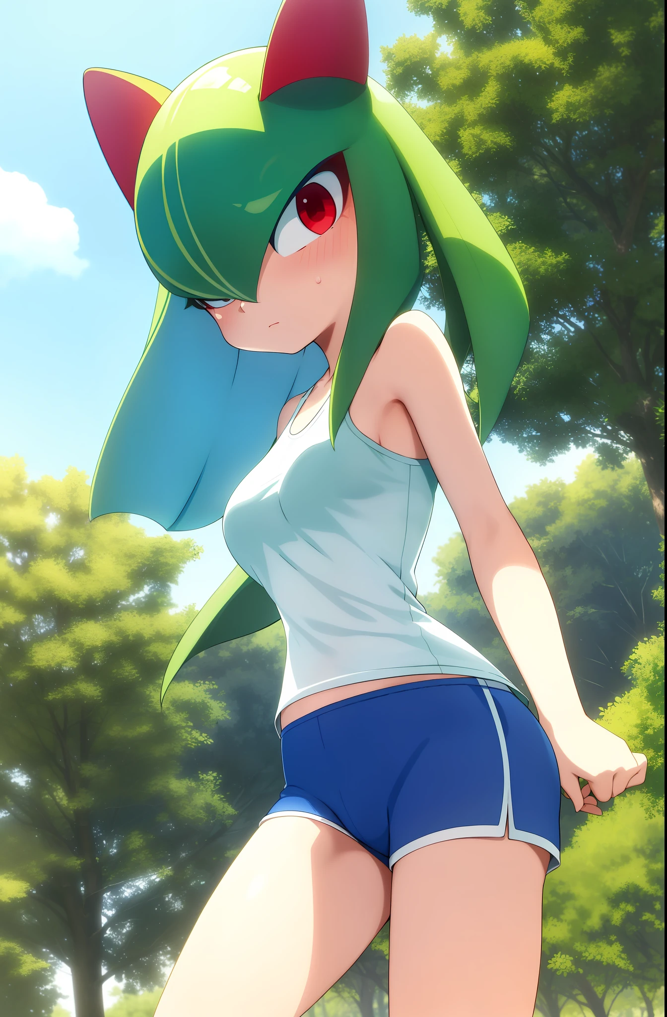 masterpiece, best quality, 1 girl, solo, kirlia, green hair, red eyes, wears a white t-shirt, wears blue shorts, porcelain skin, outdoors, running, her t-shirt has transparencies and shows that underneath she wears a blue bra, sweating, tired, big breasts, big round female breasts, tight shorts, marked female genitalia.