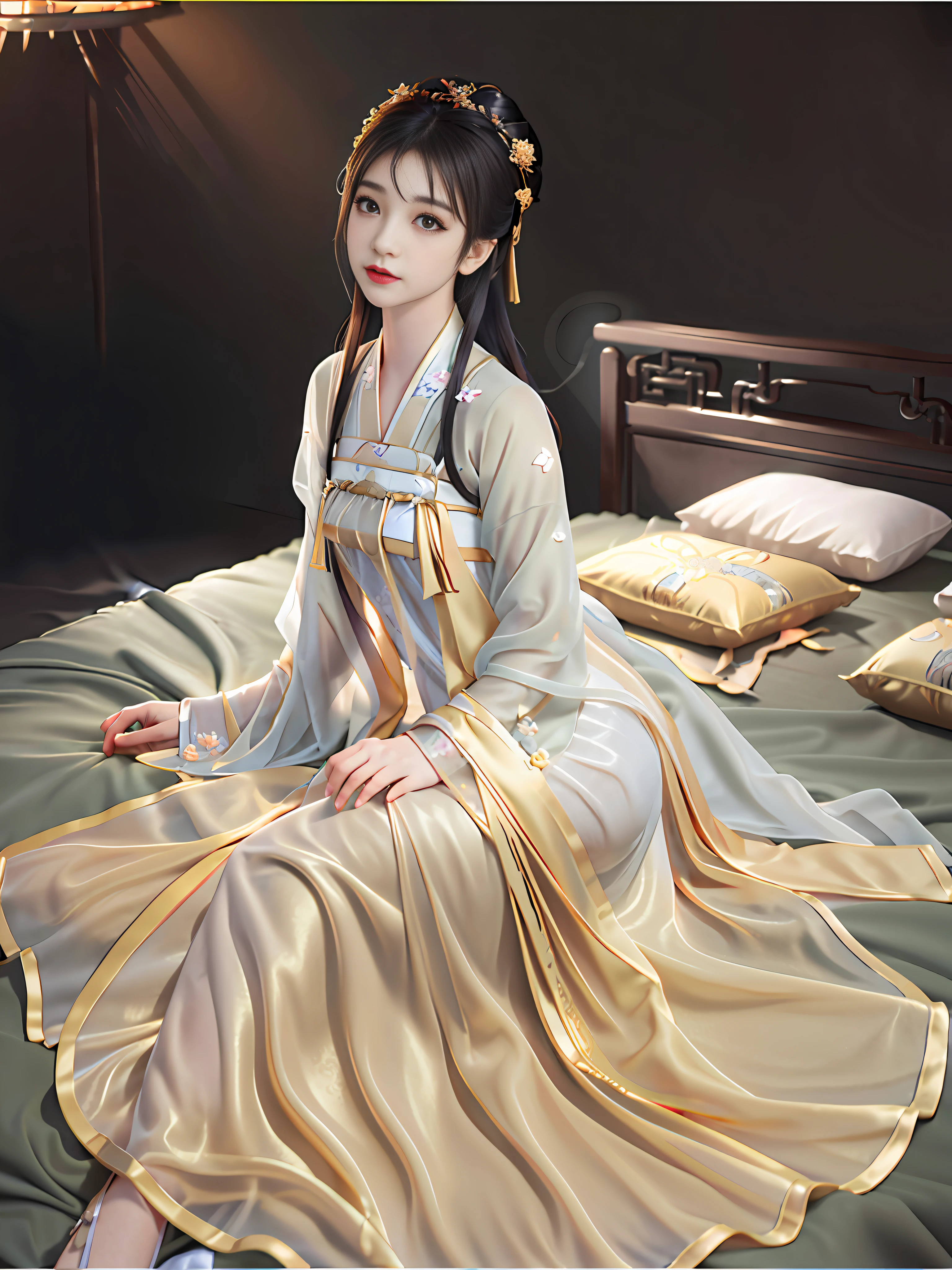 Best quality, masterpiece, high resolution, (couple cuddles), (Hanfu: 1.2), (gold thread stitching: 1.1), white translucent silk Hanpeng, (translucent silk: 1.3), (Ancient Chinese palace: 1.2), Lips, dresses, (hair accessories: 1.2), (ancient Chinese bed: 1.3), , Long hair, medium chest, Delicate beautiful eyes, Delicate eyelashes, Beautiful face, upon_body, Tyndall effect, (Realistic: 1.2), Edge Lighting, Bi-tone Lighting, (High Detail Skin: 1.2), 8K UHD, DSLR, Soft Light, High Quality, Volumetric Light, Snapshot, (Photo: 1.1), High Resolution, Highest, High Resolution, Detailed Eyelashes, Beautiful Face, Body, Tyndall Effect, Two-tone Lighting, (High Detail Skin: 1.2), 8K Ultra HD, Soft Light, High Quality, Volume Lighting, Frank Shooting, (Low Angle Shooting: 1.1), (Men and Women Lying in Bed), Sexy, Chivalrous.