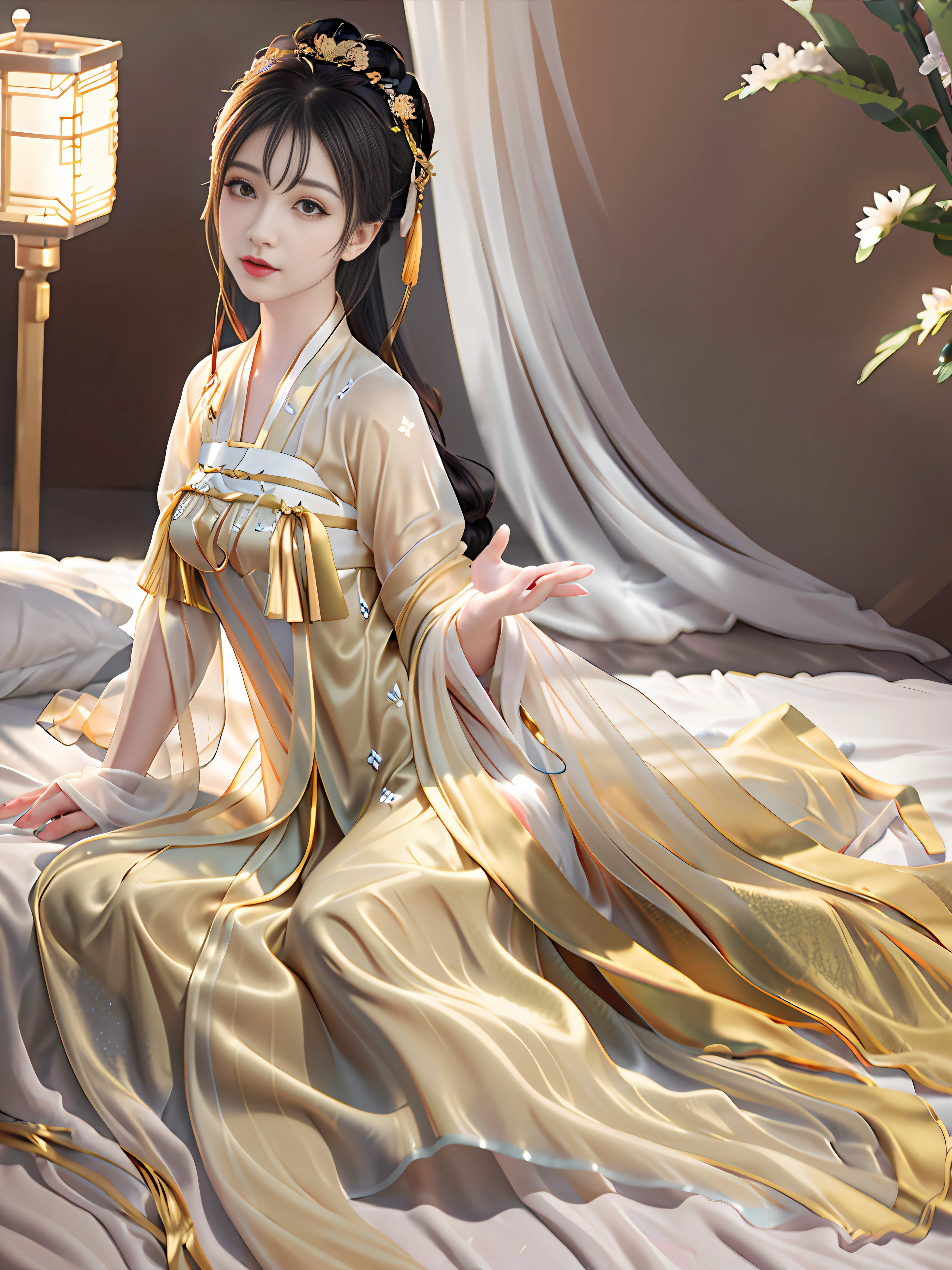 Best quality, masterpiece, high resolution, (couple cuddles), (Hanfu: 1.2), (gold thread stitching: 1.1), white translucent silk Hanpeng, (translucent silk: 1.3), (Ancient Chinese palace: 1.2), Lips, dresses, (hair accessories: 1.2), (ancient Chinese bed: 1.3), , Long hair, medium chest, Delicate beautiful eyes, Delicate eyelashes, Beautiful face, upon_body, Tyndall effect, (Realistic: 1.2), Edge Lighting, Bi-tone Lighting, (High Detail Skin: 1.2), 8K UHD, DSLR, Soft Light, High Quality, Volumetric Light, Snapshot, (Photo: 1.1), High Resolution, Highest, High Resolution, Detailed Eyelashes, Beautiful Face, Body, Tyndall Effect, Two-tone Lighting, (High Detail Skin: 1.2), 8K Ultra HD, Soft Light, High Quality, Volume Lighting, Frank Shooting, (Low Angle Shooting: 1.1), (Men and Women Lying in Bed), Sexy, Chivalrous.