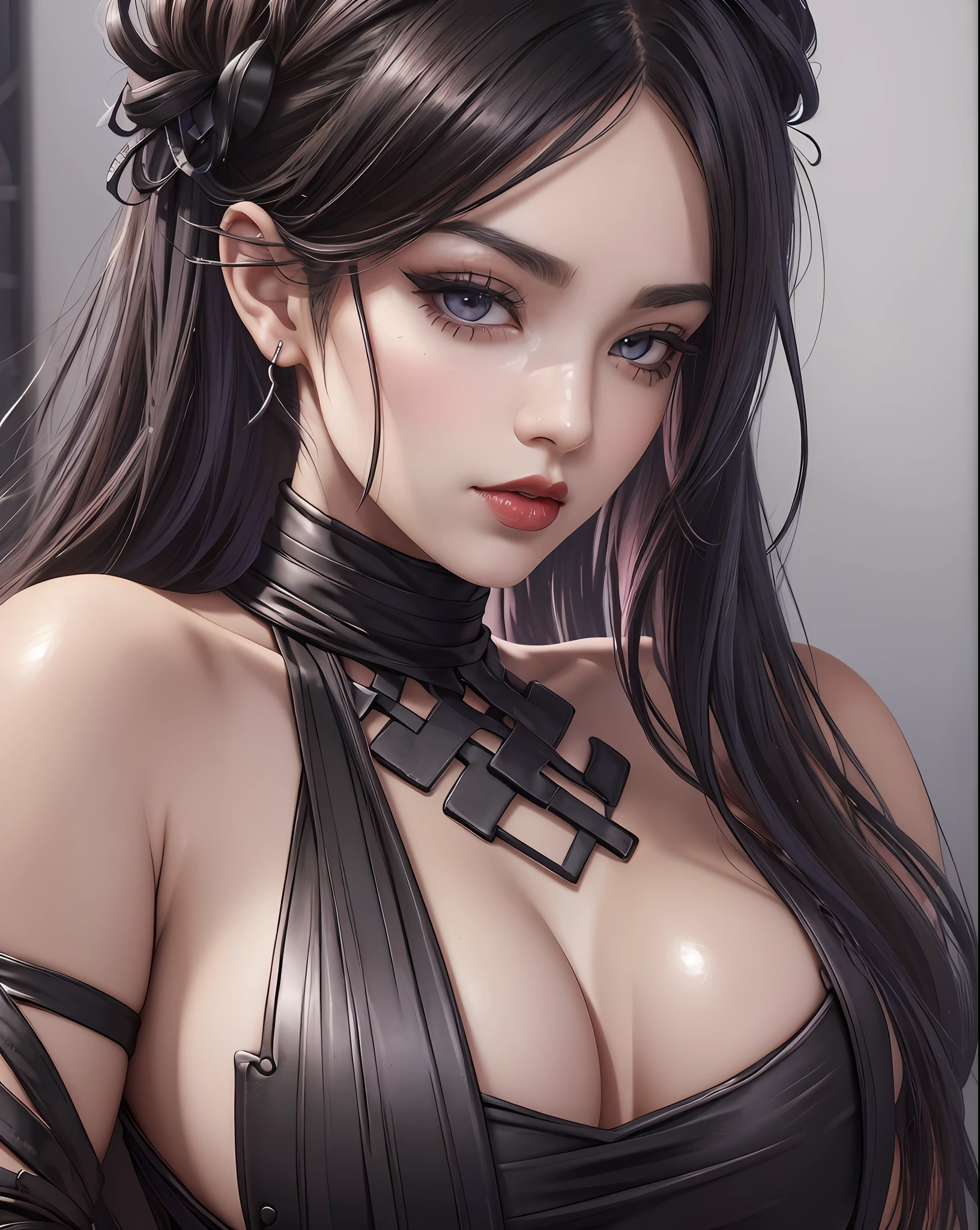A beautiful mulatto, fleshy mouth, red lips, posing, sensual look, black colored eyes with eyeliner, black dress slumped on shoulders with sensual neckline, (bandage:1.3), (bdsm:1.1), gorgeous body, gorgeous and natural large breasts, shorts, loose black hair, black skin, shot in dslr, detailed face, cinematography, maximum detail, neutral colors, hdr, soft colors, soft cinematic light, insane details, intricate details, hyper-detailed, masterpiece, 8k, wallpaper, (detailed), high quality, ((highly detailed skin, skin details)), sharp focus, 8k uhd, dslr, film grain --auto --s2