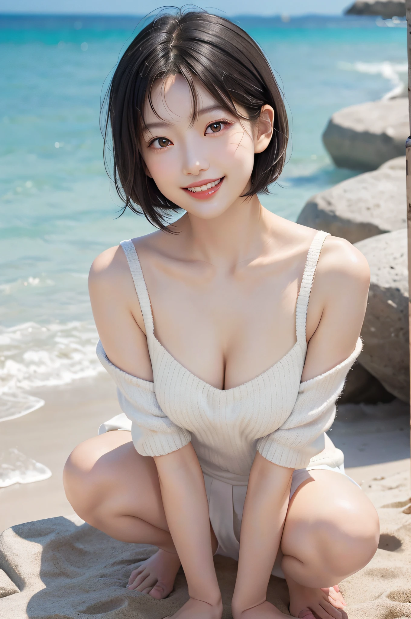 A japanese woman is standing on the beach, exquisite collarbone, seductive and delicate collarbone, charming fragrant shoulders, shoulders slightly exposed, open-shoulder sweater, peach Red lips, tender and smooth skin,(white skin:1.6),(vivid:2.0),black hair,(bob hair:1.2), short hair,(smile:1.2),smile with teeth, white teeth,very realistic details, ultra-high resolution,bokeh,outstanding details, 8K, pigeon chest, full body