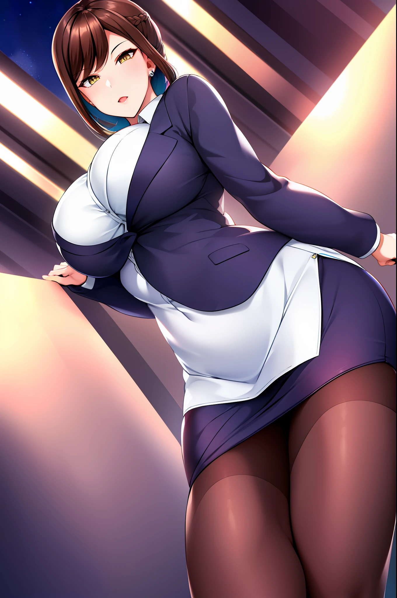 (Night:1.4), Japan, Tokyo, CityView, Before Window,
Standing at attention,(from_front),
formal, blue jacket,pencil skirt,white shirt,pantyhose,
jewelry,earrings,necklace,office lady,
brown hair, yellow eyes,bangs,braid,
1 girl, 24yo,mature female,Beautiful Finger,Beautiful long legs,Beautiful body,Beautiful Nose,Beautiful character design, perfect eyes, perfect face,
looking at viewer,girl in the center of the image,
NSFW,official art,extremely detailed CG unity 8k wallpaper, perfect lighting,Colorful, Bright_Front_face_Lighting,
(masterpiece:1.0),(best_quality:1.0), ultra high res,4K,ultra-detailed,
photography, 8K, HDR, highres, absurdres:1.2, Kodak portra 400, film grain, blurry background, bokeh:1.2, lens flare, (vibrant_color:1.2)
(Beautiful,Large_Breasts:1.2), (beautiful_face:1.5),(narrow_waist),