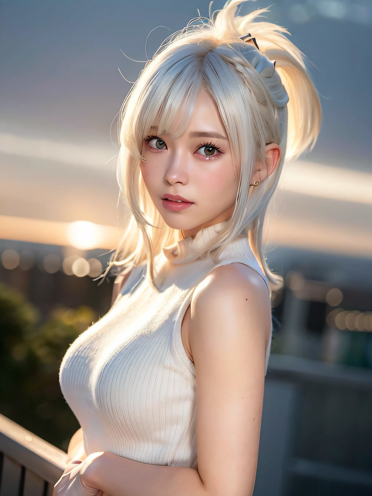 full body, white hair, ((Dragoon:1.2)) ,blunt bang,, masterpiece,best quality,official art,extremely detailed CG unity 8k wallpaper,1girl, ultra high res, (photorealistic:1.4), golden hour lighting, sweater dress,(upper body), (aegyo sal:1), (platinum short hair:0.8), ((puffy eyes)), looking at viewer, facing front, smiling, laughing,medium breasts, shirtlift, gloves,short hair,