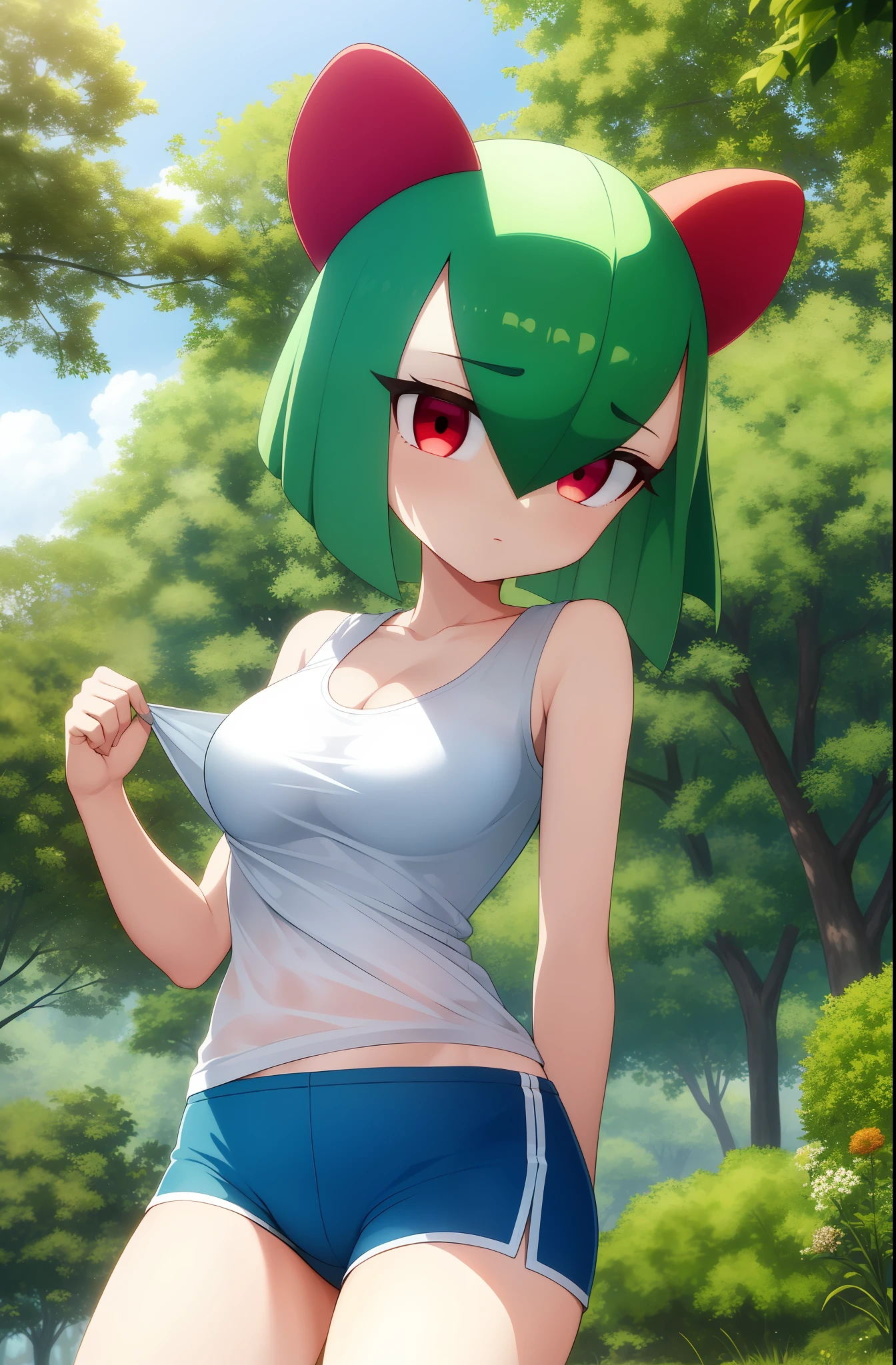 masterpiece, best quality, 1 girl, solo, kirlia, green hair, red eyes, wears a nlanca t-shirt, wears blue shorts, porcelain skin, outdoors, running, her t-shirt has transparencies and shows that underneath she wears a blue bra, sweating, tired, big breasts, big round female breasts, tight shorts, marked female genitalia.