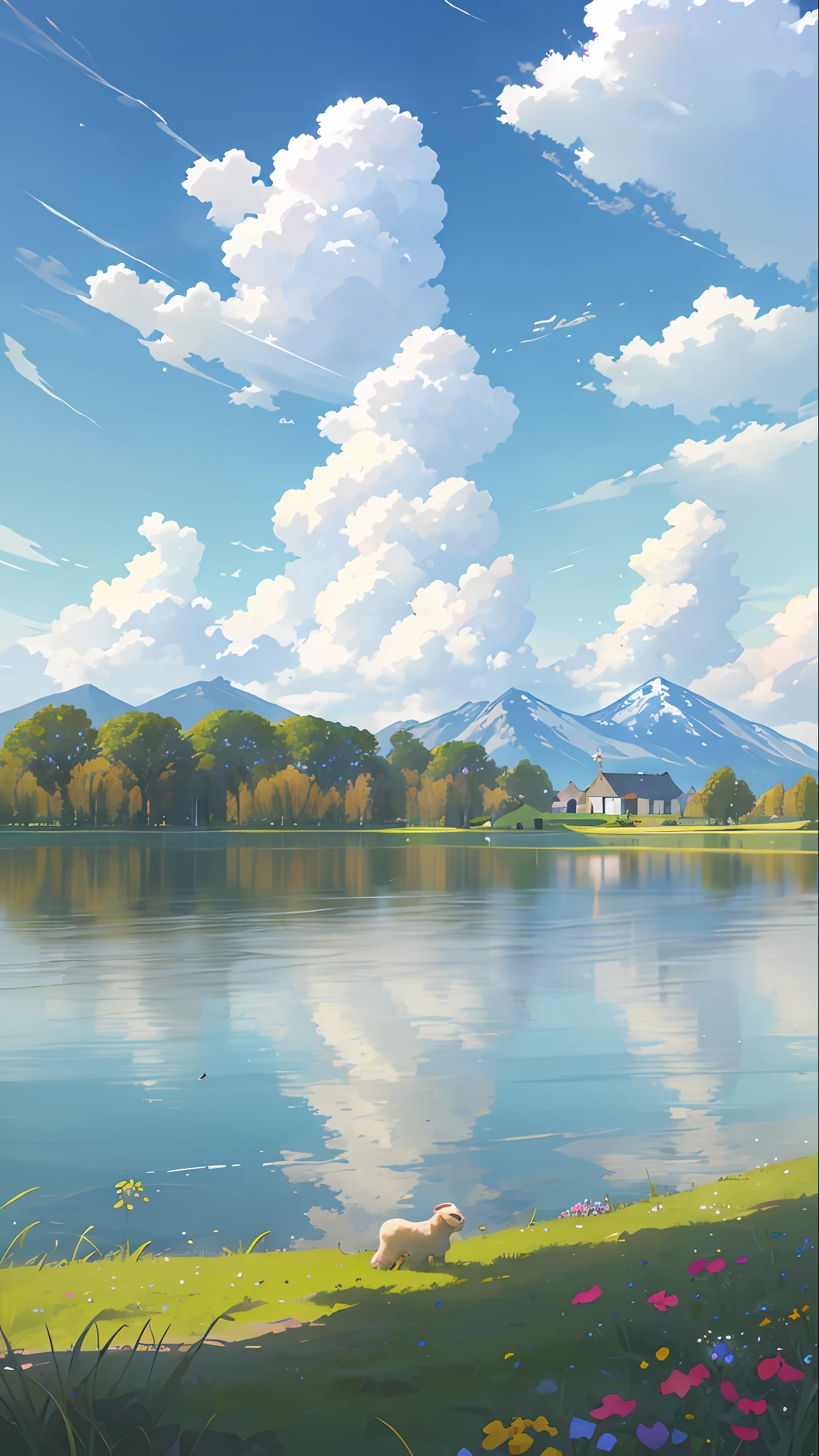 Summer, meadows, a few small flowers, clear lakes, sheep, heaven, large clouds, blue sky, hot weather, HD detail, hyper-detail, cinematic, surrealism, soft light, deep field focus bokeh, distant vistas are snowy mountains, ray tracing, and surrealism. --v6
