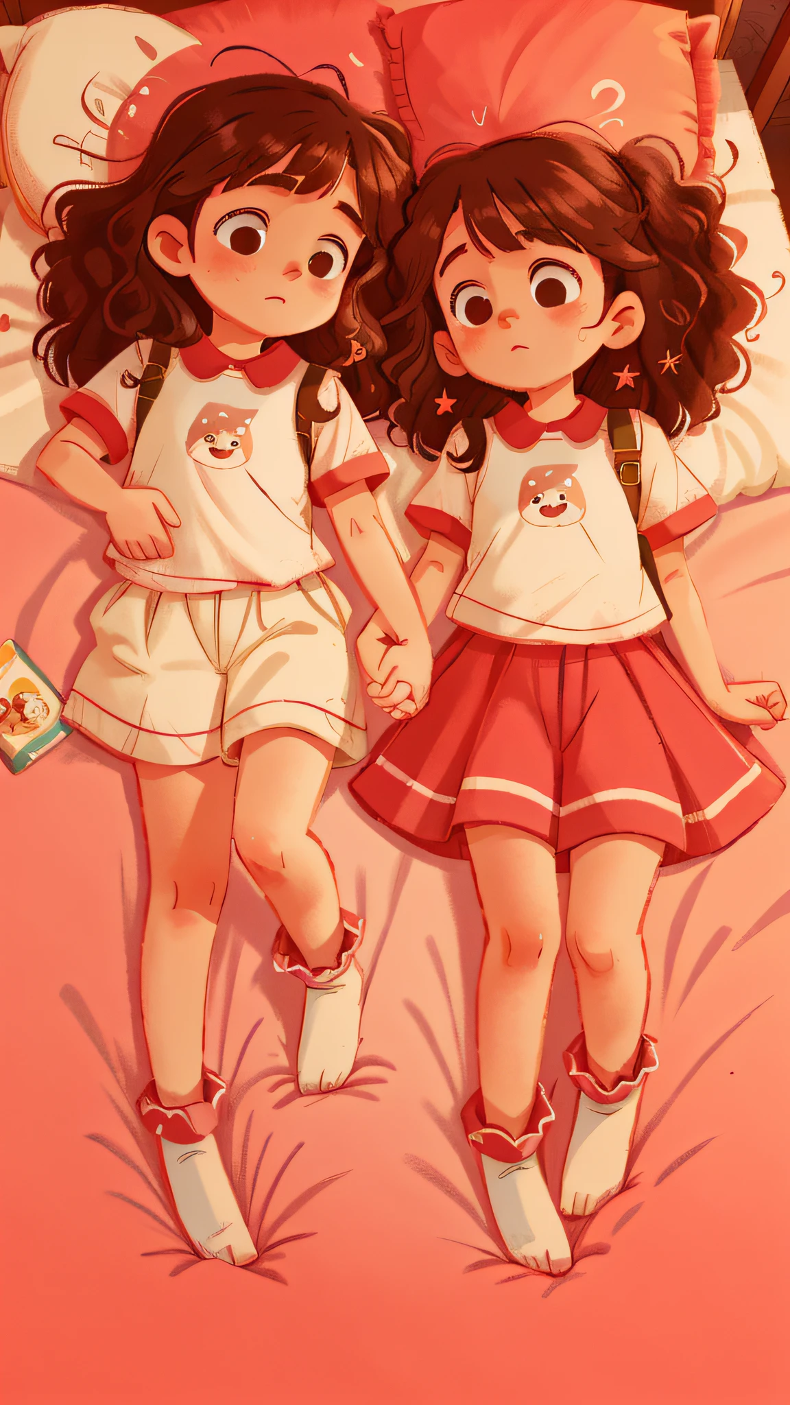 Two girls, twins, curly brown hair, each in their bed asleep