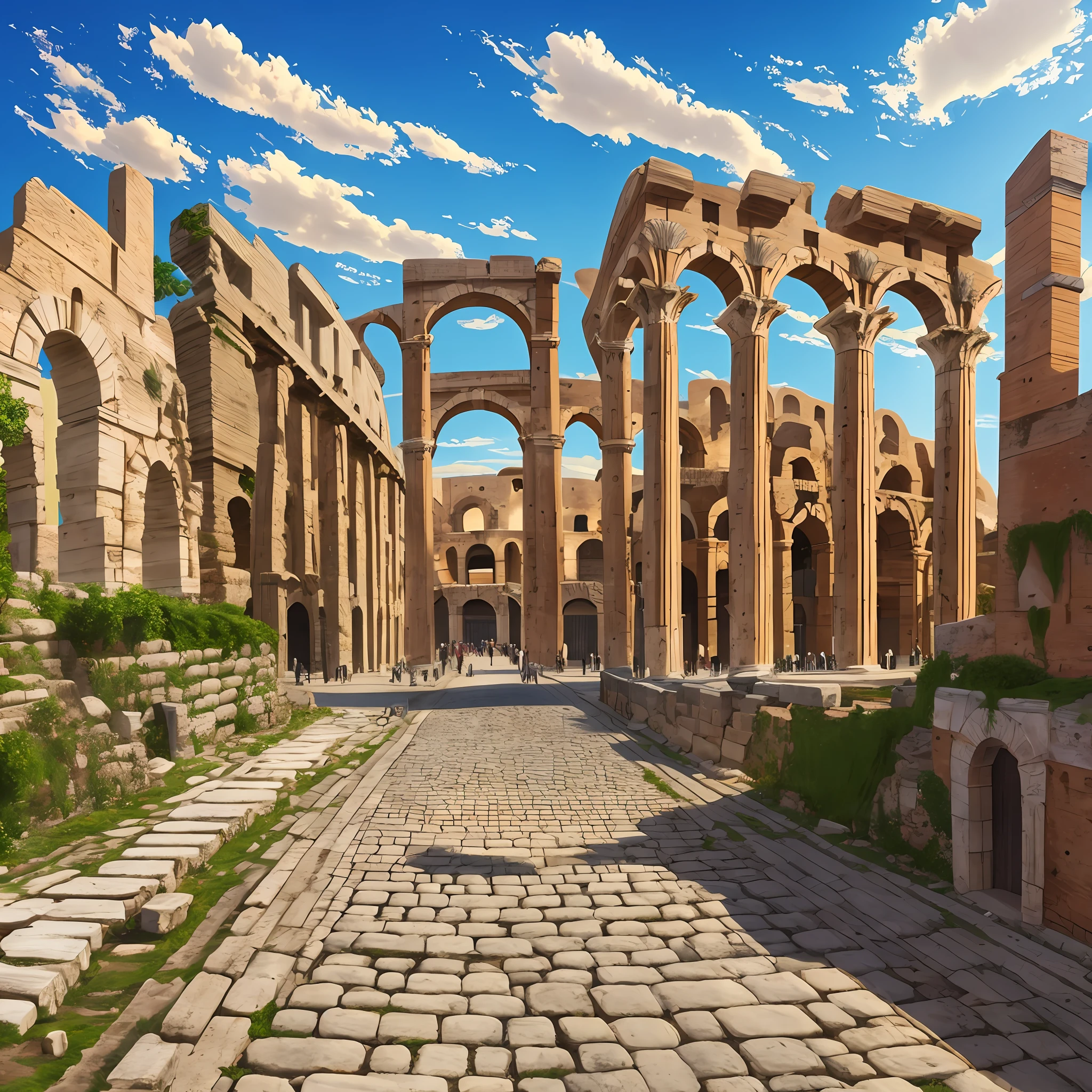 Street of an ultra-realistic mythological city in Greece in front of a Colosseum, medieval era --auto --s2