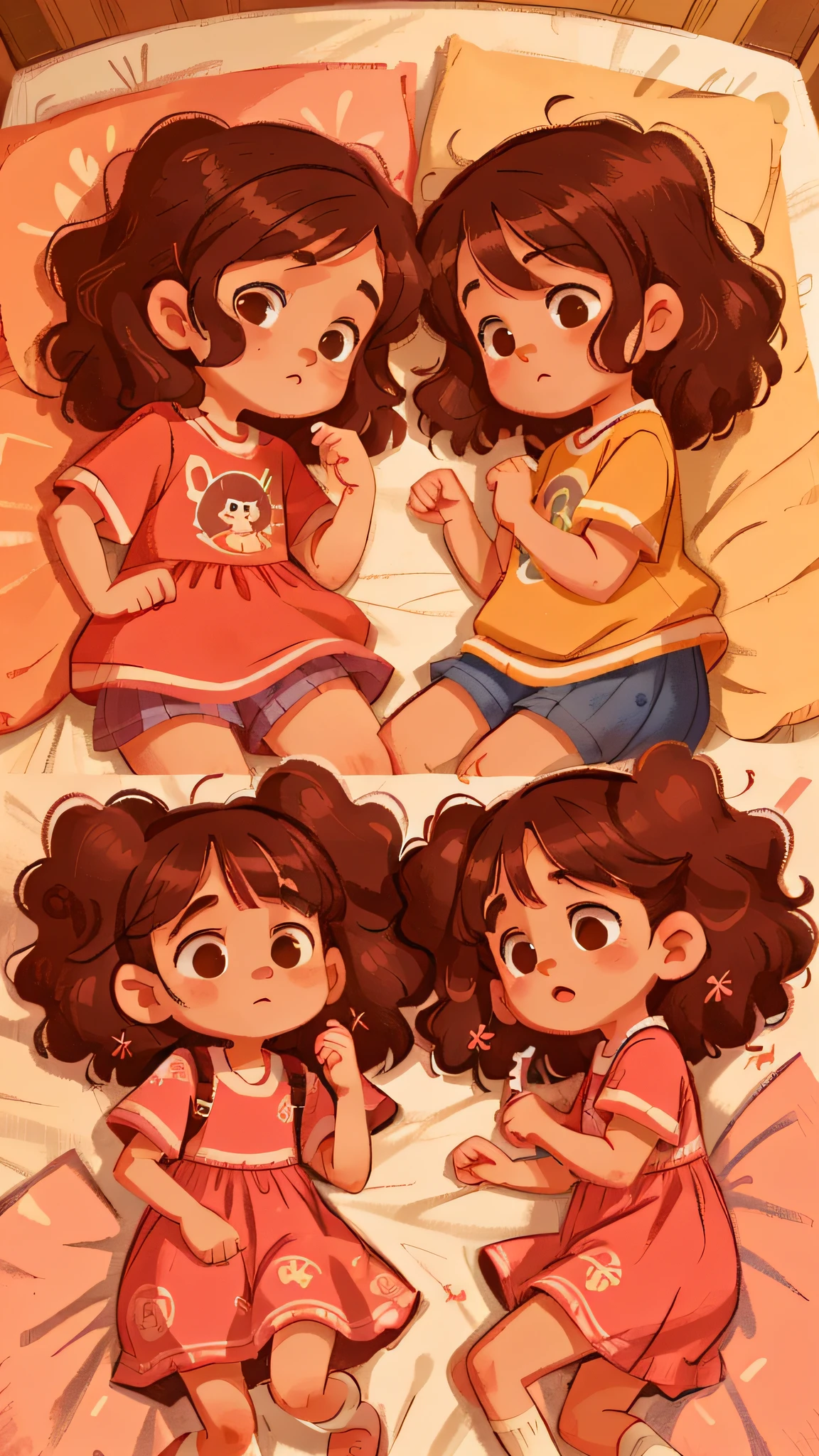 Two girls, twins, curly brown hair, each in their bed asleep