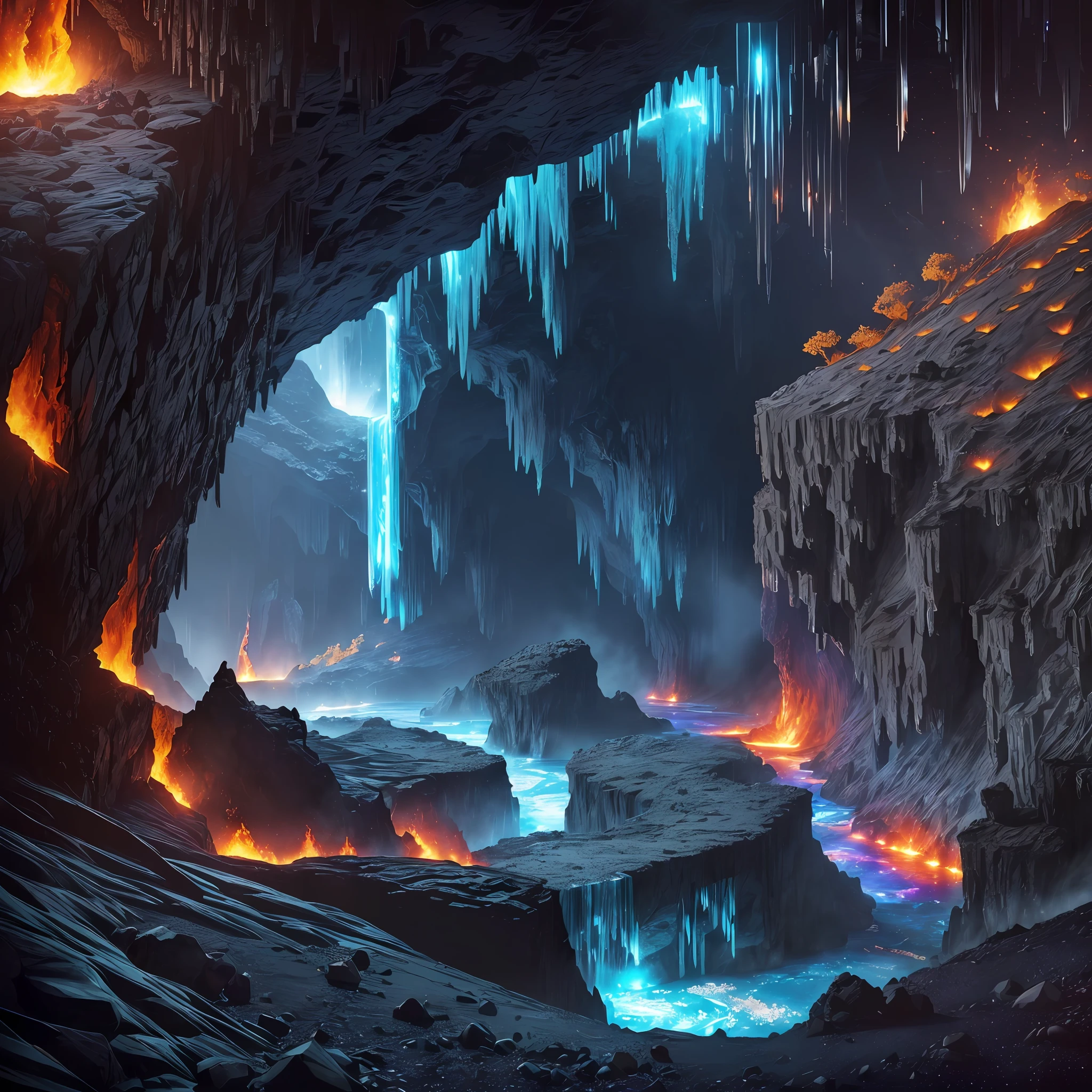 Extensive landscape computer ultrasound photograph (general view, which shows the stone vault of the cave, (detailed description of the cave), solidified lava, stalactites (in detail), stalagmites (in detail), as well as helicates (in detail), lake (in detail), mercury on the surface of the lake, burning surface, one gray-haired guy in a shirt and trousers (1: 3), (ultradetailed description of appearance), standing in fire, crystals (crystals: 1,2), reflection in mercury crystals, burning lava (dripping lava 1: 2),  (falling stones: 0.9), (fire: 1.3), crystals, fire stones, lava, mercury, cave BREAK production art, (cold light source:1.2), (Firefly:1.2), fire particles, dark, red, yellow and orange, complex details, volumetric lighting, realism BREAK (masterpiece:1.2), (best quality), 4k, ultra-detailed, (dynamic composition: 1.4), high detailed, colorful details, (gloomy colors: 1.2), (luminous lighting, atmospheric lighting), gloomy, dark,  magical, (solo: 1.2) --auto --s2