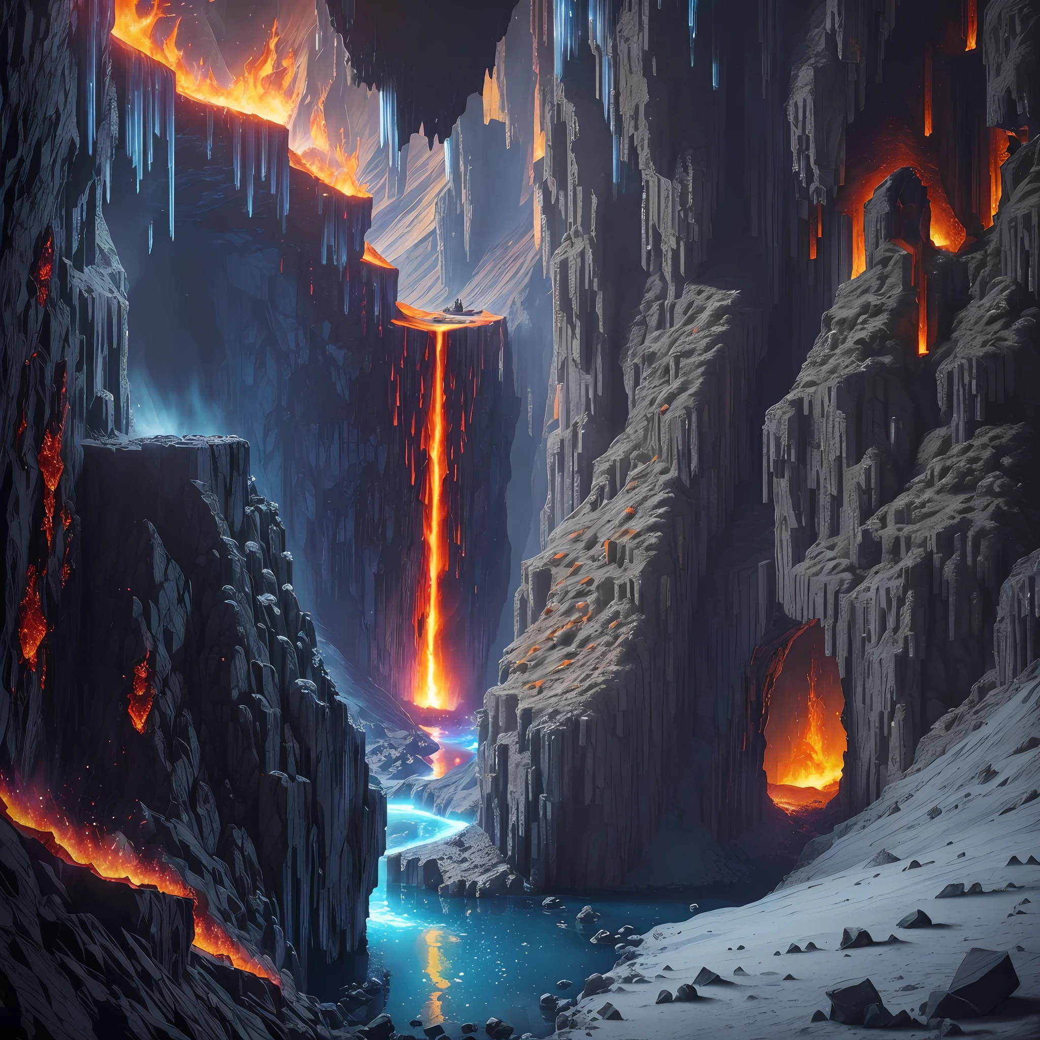 Extensive landscape computer ultrasound photograph (general view, which shows the stone vault of the cave, (detailed description of the cave), solidified lava, stalactites (in detail), stalagmites (in detail), as well as helicates (in detail), lake (in detail), mercury on the surface of the lake, burning surface, one gray-haired guy in a shirt and trousers (1: 3), (ultradetailed description of appearance), standing in fire, crystals (crystals: 1,2), reflection in mercury crystals, burning lava (dripping lava 1: 2), (falling stones: 0.9), (fire: 1.3), crystals, fire stones, lava, mercury, cave BREAK production art, (cold light source:1.2), (Firefly:1.2), fire particles, dark, red, yellow and orange, complex details, volumetric lighting, realism BREAK (masterpiece:1.2), (best quality), 4k, ultra-detailed, (dynamic composition: 1.4), high detailed, colorful details, (gloomy colors: 1.2), (luminous lighting, atmospheric lighting), gloomy, dark, magical, (solo: 1.2) --auto --s2
