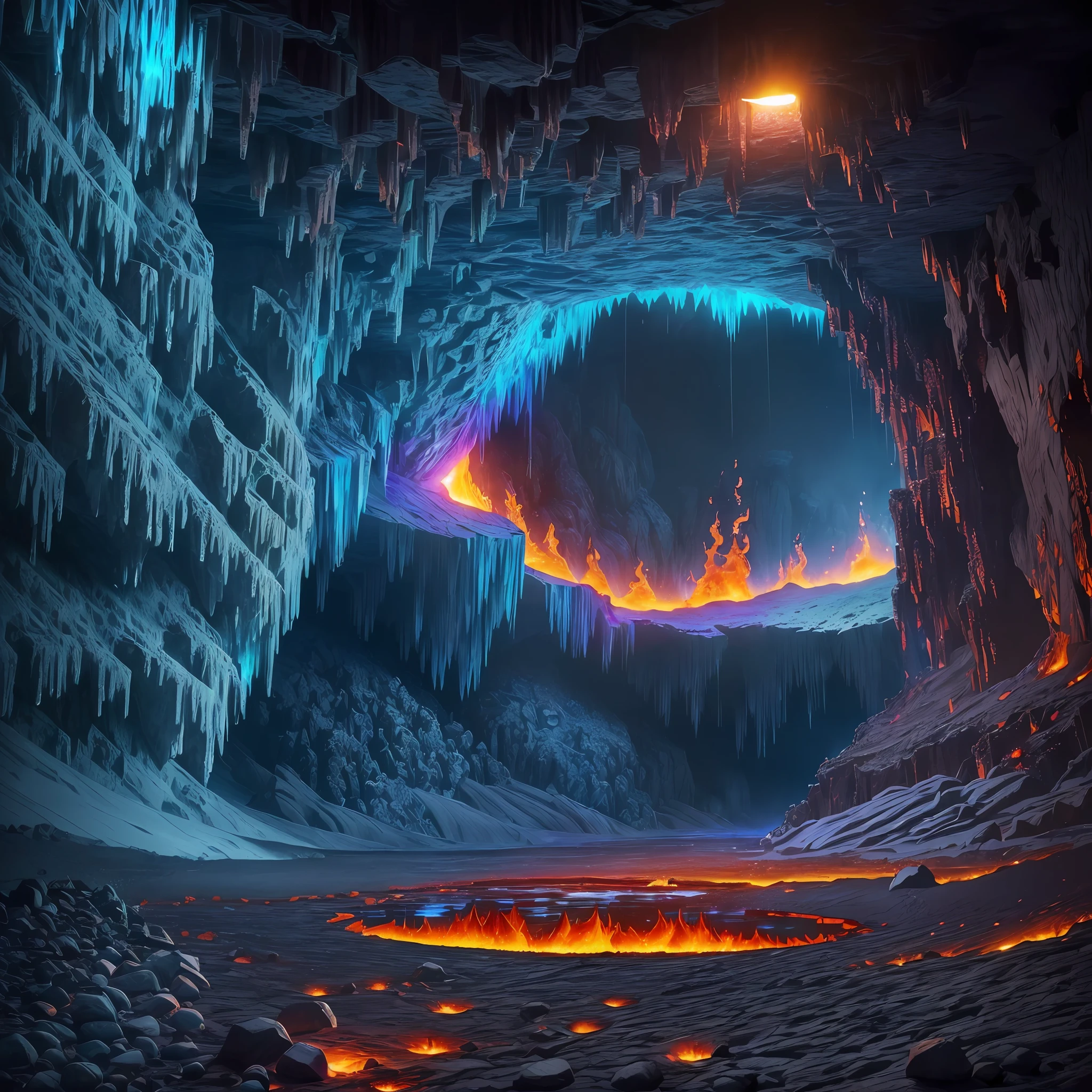 Extensive landscape computer ultrasound photograph (general view, which shows the stone vault of the cave, (detailed description of the cave), solidified lava, stalactites (in detail), stalagmites (in detail), as well as helicates (in detail), lake (in detail), mercury on the surface of the lake, burning surface, one gray-haired guy in a shirt and trousers (1: 3), (ultradetailed description of appearance), standing in fire, crystals (crystals: 1,2), reflection in mercury crystals, burning lava (dripping lava 1: 2), (falling stones: 0.9), (fire: 1.3), crystals, fire stones, lava, mercury, cave BREAK production art, (cold light source:1.2), (Firefly:1.2), fire particles, dark, red, yellow and orange, complex details, volumetric lighting, realism BREAK (masterpiece:1.2), (best quality), 4k, ultra-detailed, (dynamic composition: 1.4), high detailed, colorful details, (gloomy colors: 1.2), (luminous lighting, atmospheric lighting), gloomy, dark, magical, (solo: 1.2) --auto --s2