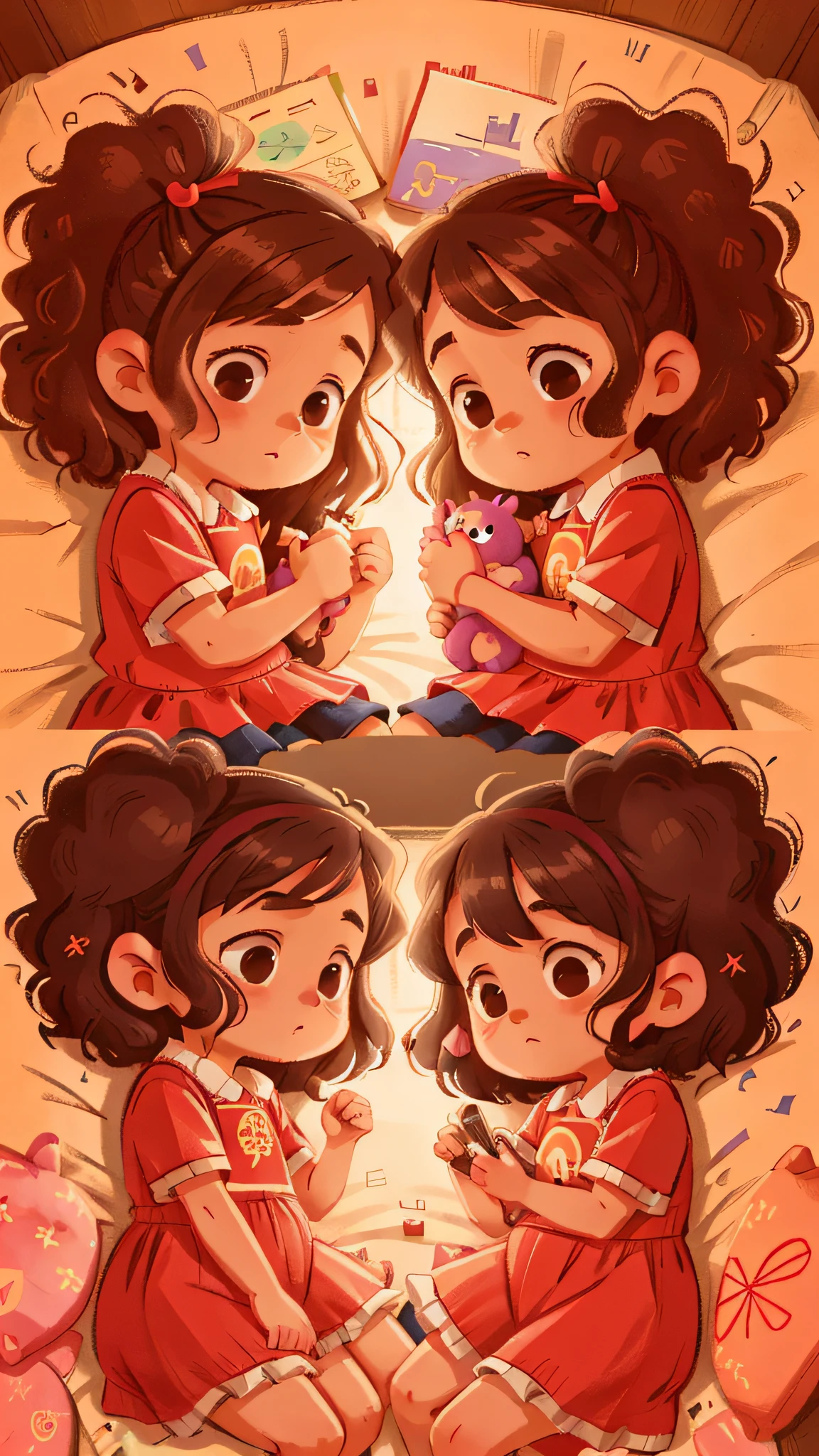 Two girls, twins, curly brown hair, each in their bed asleep