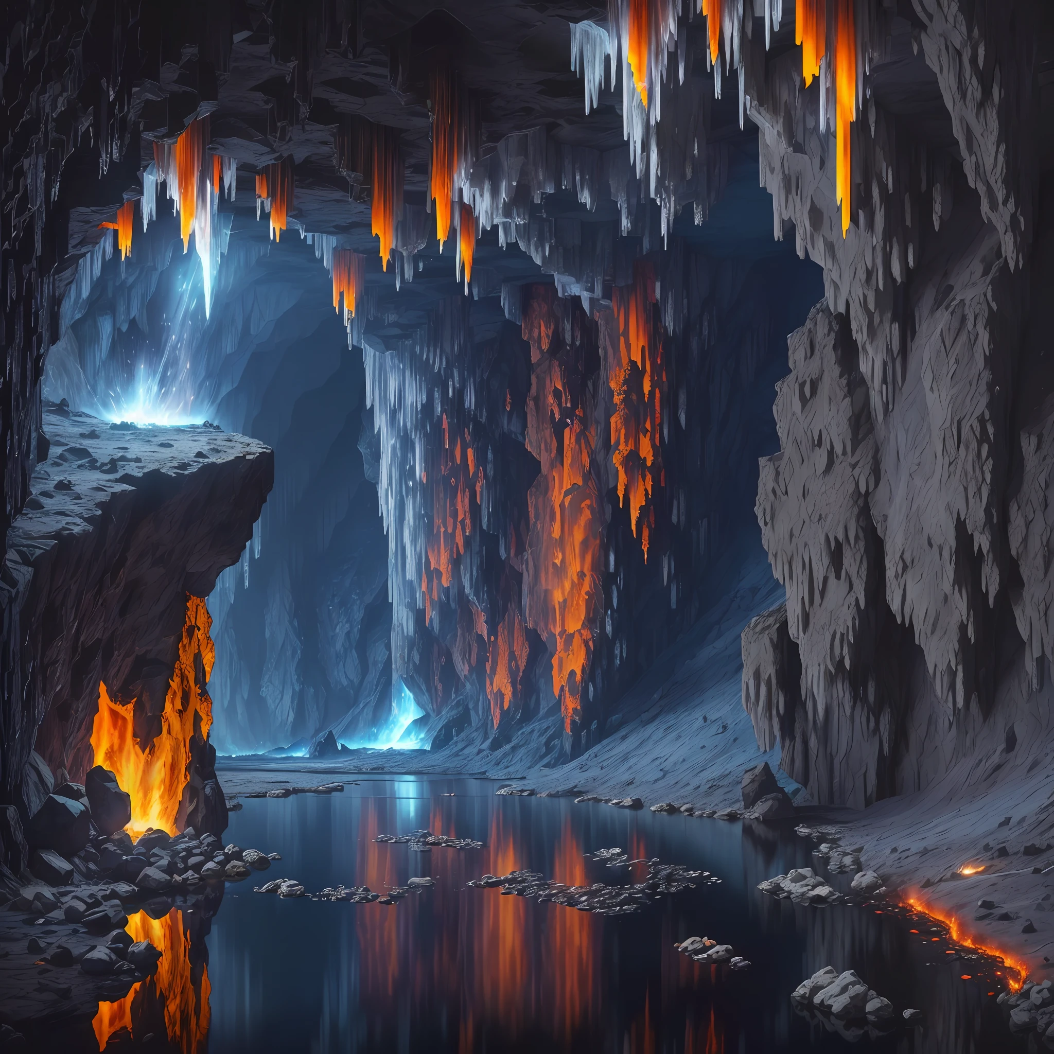 Extensive landscape computer ultrasound photograph (general view, which shows the stone vault of the cave, (detailed description of the cave), solidified lava, stalactites (in detail), stalagmites (in detail), as well as helicates (in detail), lake (in detail), mercury on the surface of the lake, burning surface, one gray-haired guy in a shirt and trousers (1: 3), (ultradetailed description of appearance), standing in fire, crystals (crystals: 1,2), reflection in mercury crystals, burning lava (dripping lava 1: 2),  (falling stones: 0.9), (fire: 1.3), crystals, fire stones, lava, mercury, cave BREAK production art, (cold light source:1.2), (Firefly:1.2), fire particles, dark, red, yellow and orange, complex details, volumetric lighting, realism BREAK (masterpiece:1.2), (best quality), 4k, ultra-detailed, (dynamic composition: 1.4), high detailed, colorful details, (gloomy colors: 1.2), (luminous lighting, atmospheric lighting), gloomy, dark,  magical, (solo: 1.2) --auto --s2