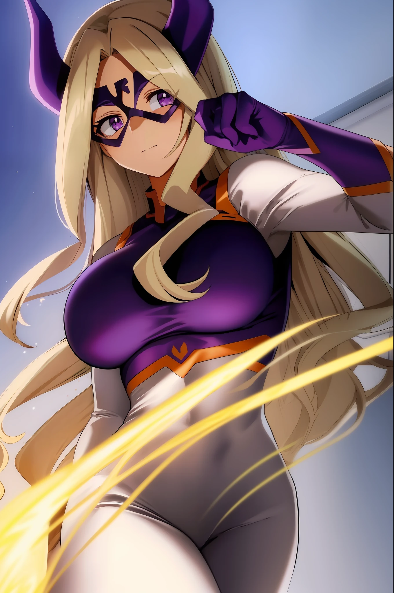scan, (extremely detailed CG unity 8k wallpaper:1.1), (traditional media:0.9), (sketch:0.9), tracing, ultra-detailed, soft lighting, anime, (1girl), mtladymha, boku no hero academia, long hair, blonde hair, horns, domino mask, bodysuit, large breasts, purple eyes