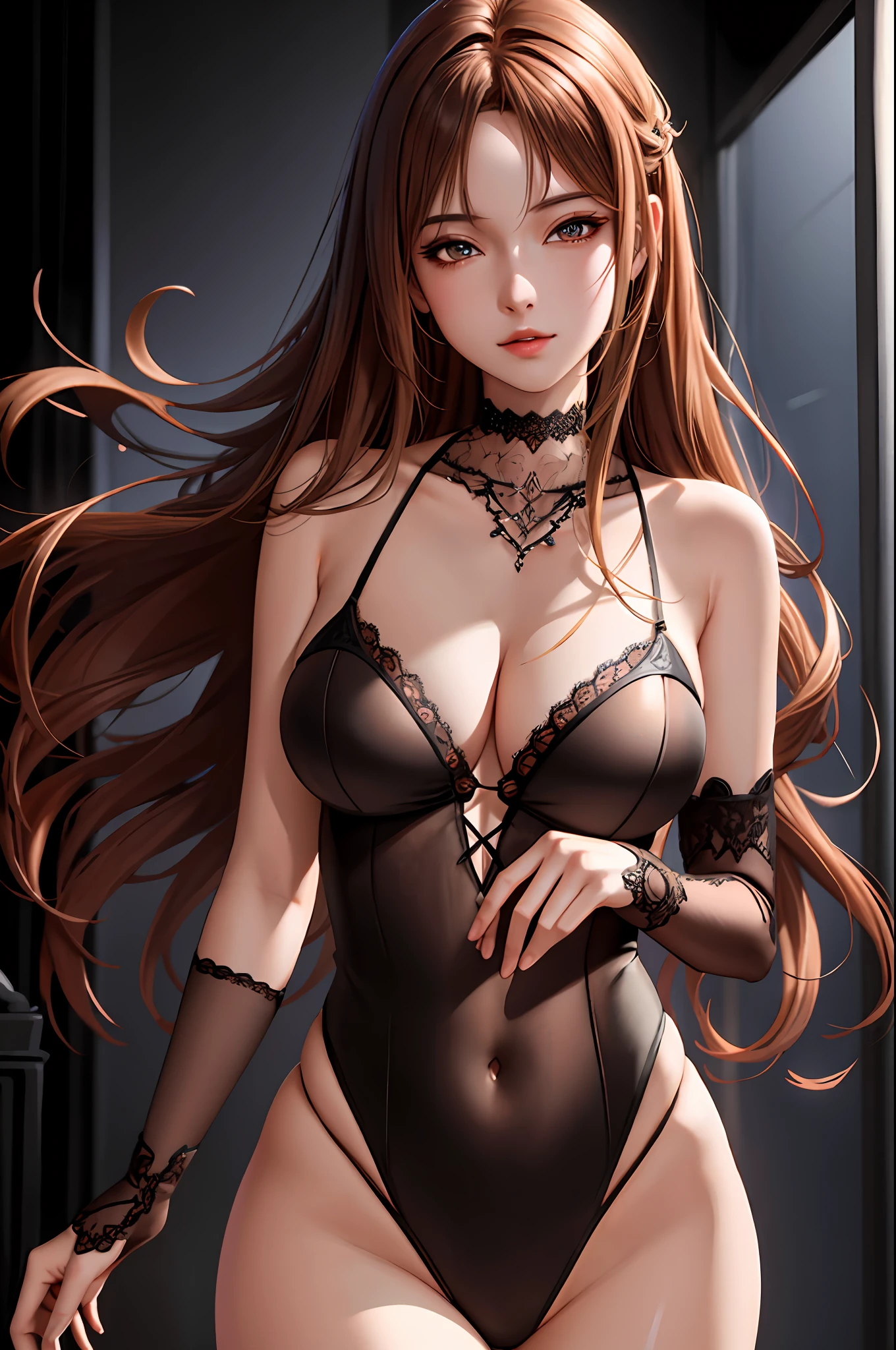 (extremely detailed CG unity 8k wallpaper, masterpiece, best quality, ultra detailed), best lighting, best shadow, floating, lace lingerie,
(1 girl), brown hair, brown eyes, beautiful face, dynamic angle, sensual pose, high saturated color, close-up. Asuna yuuki