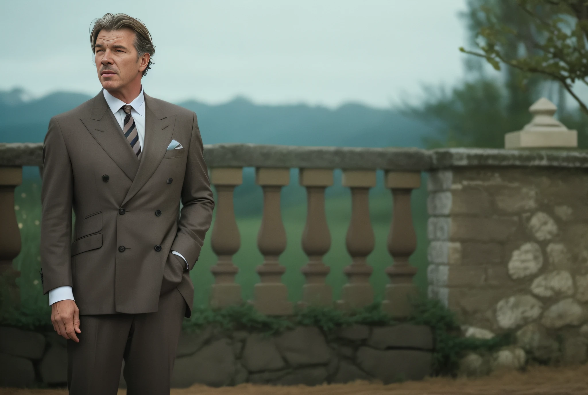 there is a man in a suit standing in front of a stone wall, cinematic still, wearing a worn out brown suit, belgium, high quality film still, charles, film shot, [ cinematic, hannibal, tudor, al fresco, # film, pierce brosnan, from a movie scene, the man, an film still, looking partly to the left