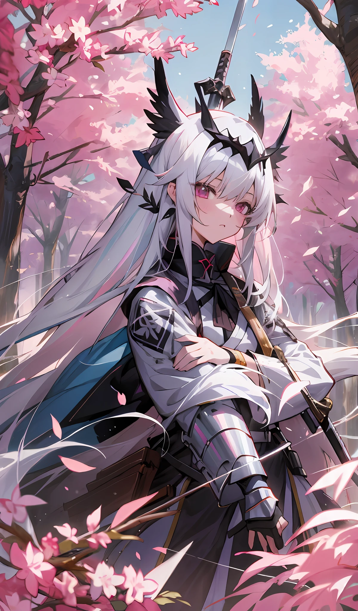 Anime girl with long white hair in a field of trees with pink leaves holding a shiny Japanese sword next to her horse, from Arknights, Anime Art Wallpaper 4K, Anime Art Wallpaper 4K, Zerochan Art, Anime Art Wallpaper 8K, Trending on ArtStation Pixiv, Anime Fantasy Artwork, Beautiful Anime Artwork, Best Anime 4K Konachan Wallpaper,  High Quality Anime Art, Armor Girl, Beautiful Fantasy Anime Holding a Shiny Sword
