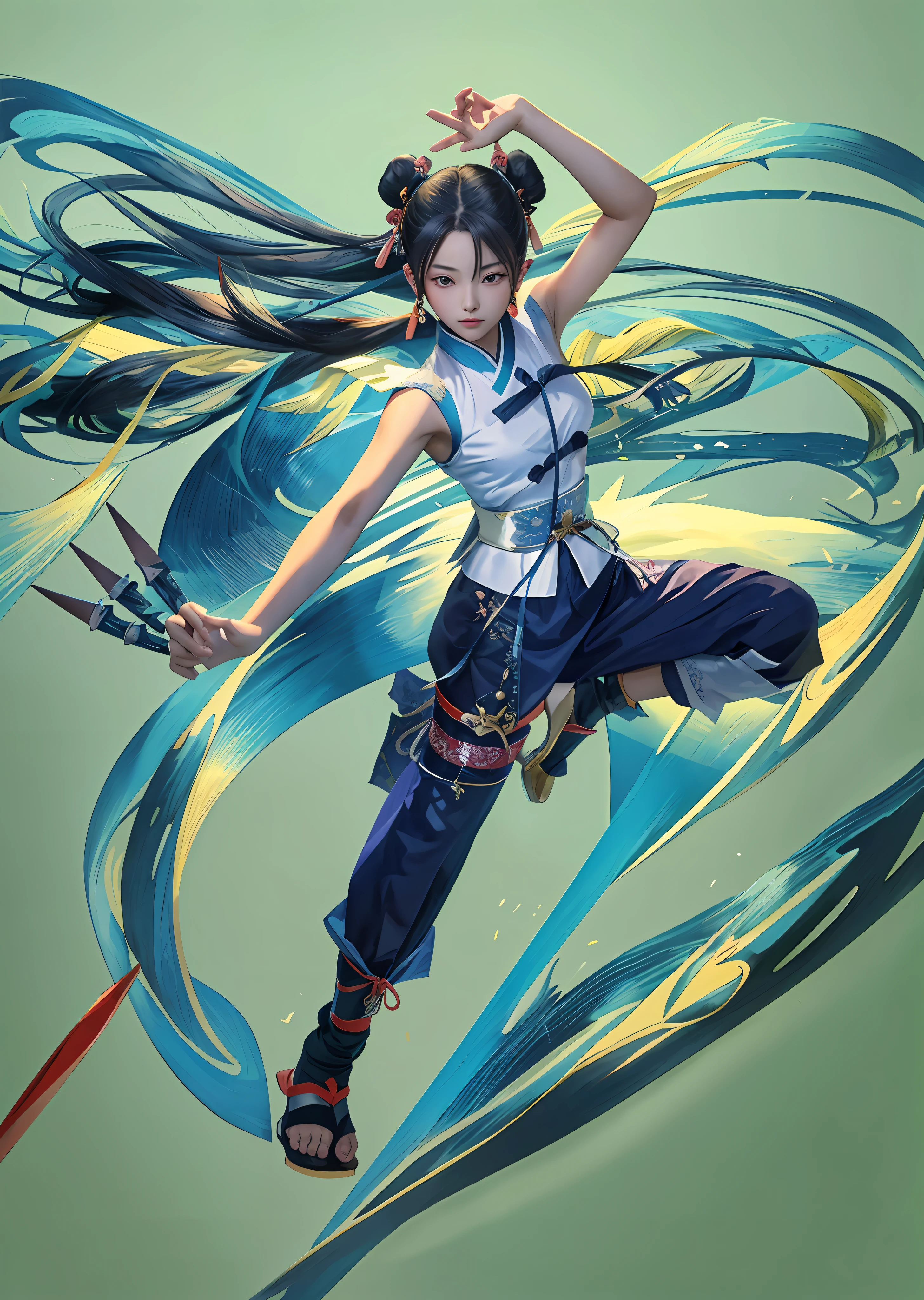 masterpiece, high quality, best quality, a woman holding 3 kunai drawings, double bun, ming from Chinese mythology, battle pose, inspired by Tsubasa Nakai, inspired by Kamizaka Sekka, anime pose, inspired by Koichi Sakai, simple background