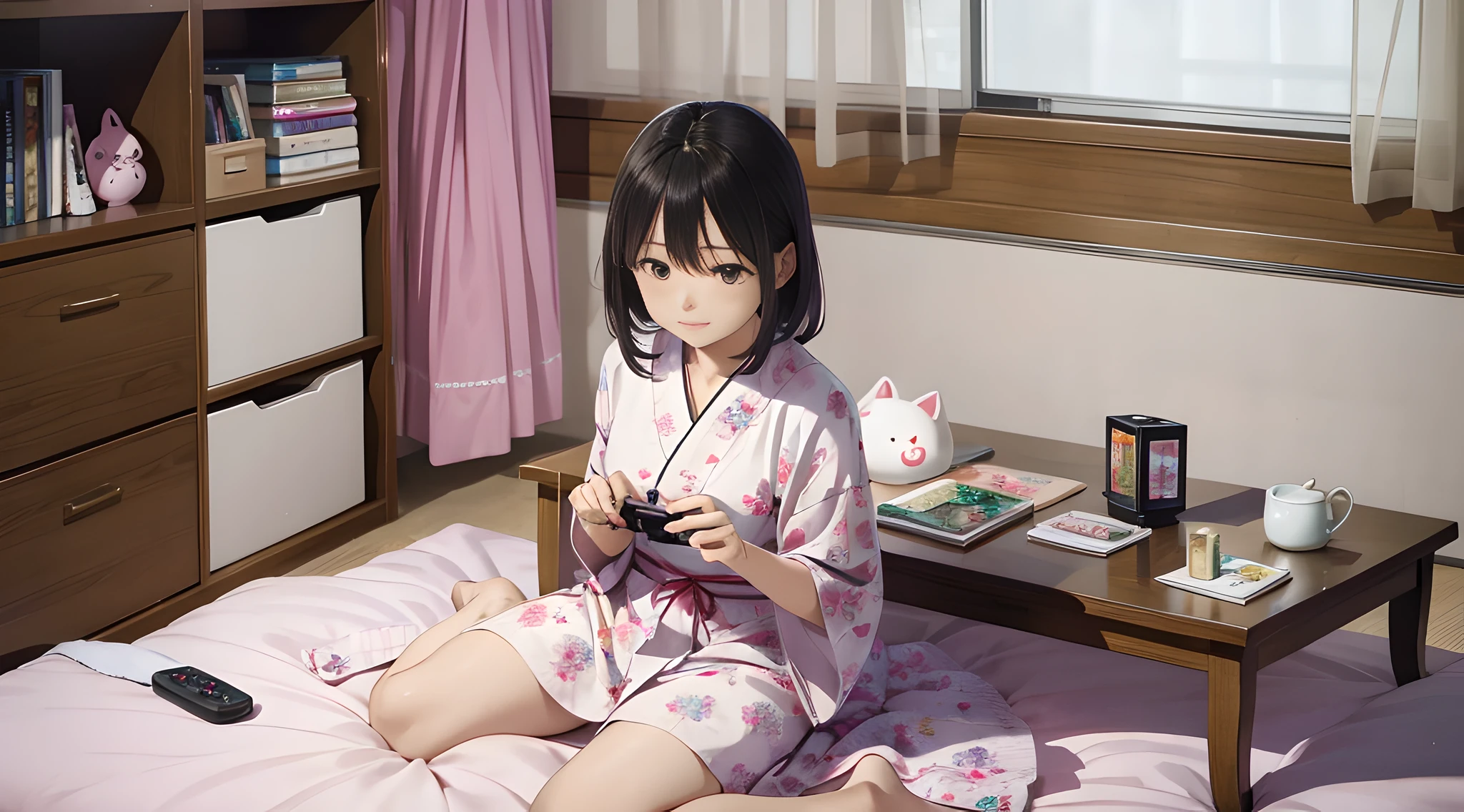 Arafi woman sitting on bed with remote control, Yoshitomo Nara, expressing joy, Harumi, Narumi Kakinouchi, Shikamimi, Yasumoto Oka, Nozomi Takemura, Chiho Ashima --auto --s2