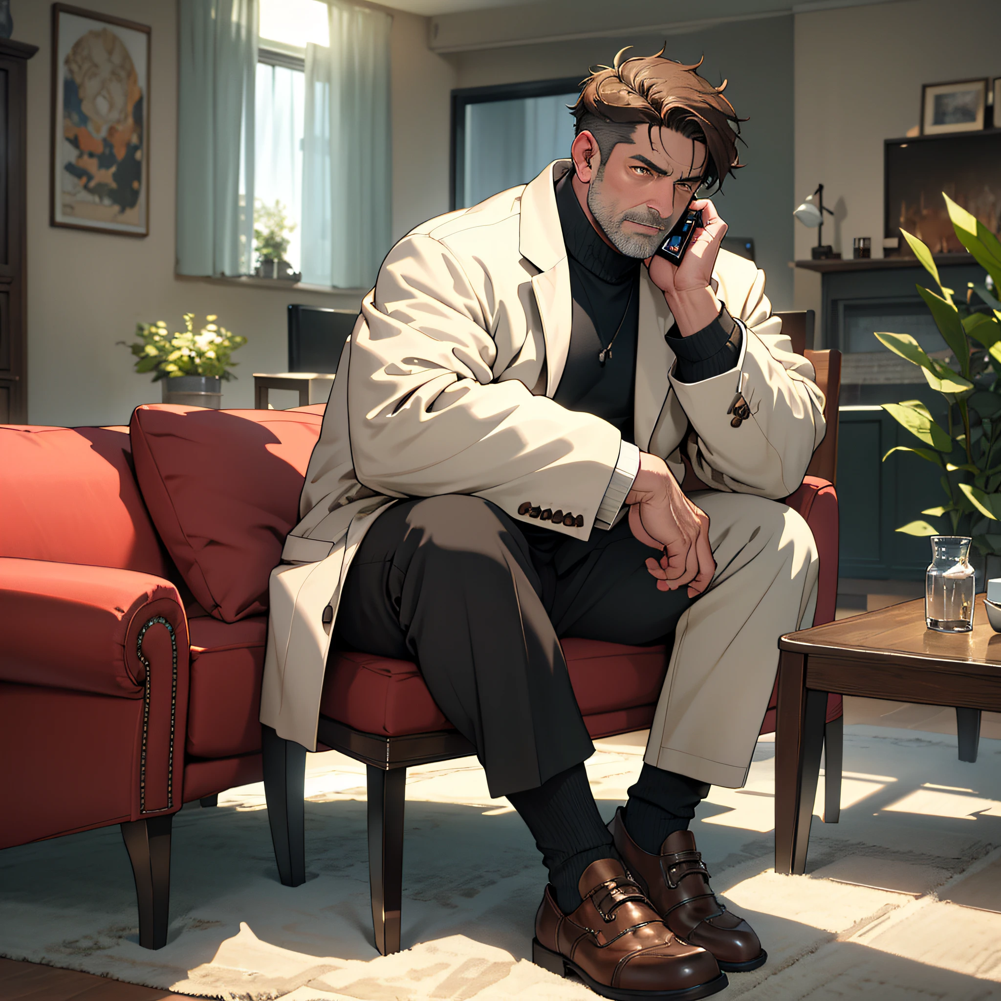 (Masterpiece, best quality), 1 middle-aged man, muscular, short hair, brown eyes, complex, (living room), full body, white coat, bright colors, (depth of field: 1.2), (phone to ear to listen to the call), nervous, looking at the audience, sitting on the sofa, spreading legs,