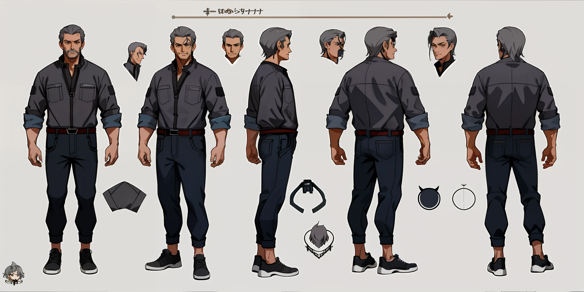1 girl, character sheet, concept art, full body, (masterpiece:1.2), (best quality:1.3), 1 middle-aged man, dark gray hair, casual clothes from the Feudal era, lean and malnourished body structure