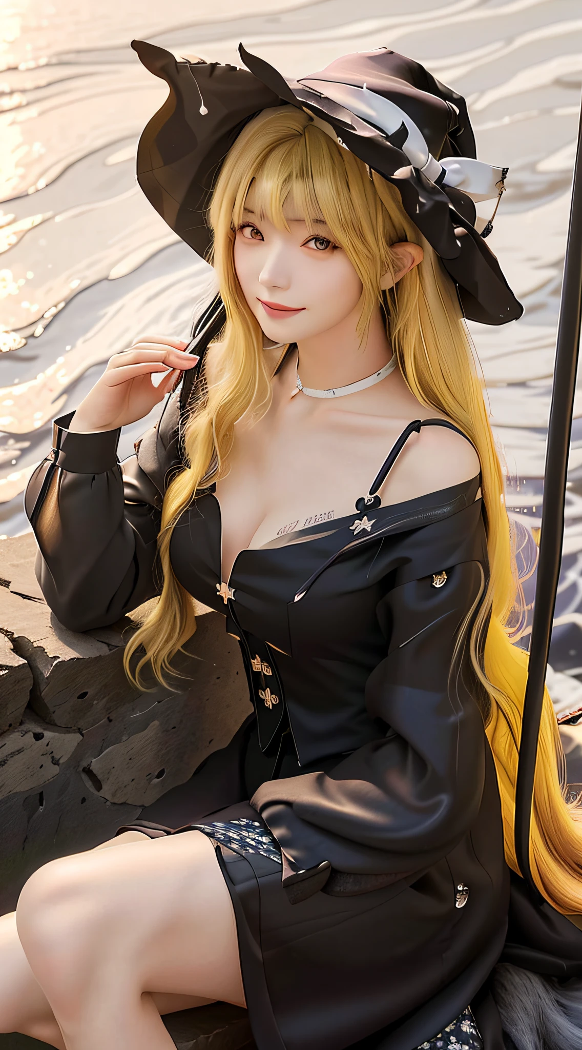 Top Quality, Masterpiece, 1 Girl, Beautiful Face, ((((Marisa Drizzle)))), (Touhou Project))), 20-year-old woman, ((Yellow hair)),(Photographic photo:1.3), Rim lighting, (High Detail Skin:1.2), 8K UHD, DSLR, High Quality, High Definition, 4K, 8K, Bokeh, Absurdity, Best ratio four fingers and one thumb, (Real:1.3), Cute 1 girl, Smile, (((bangs)), ((long hairstyle)), black witch hat, ((light clothing)), middle chest, broom