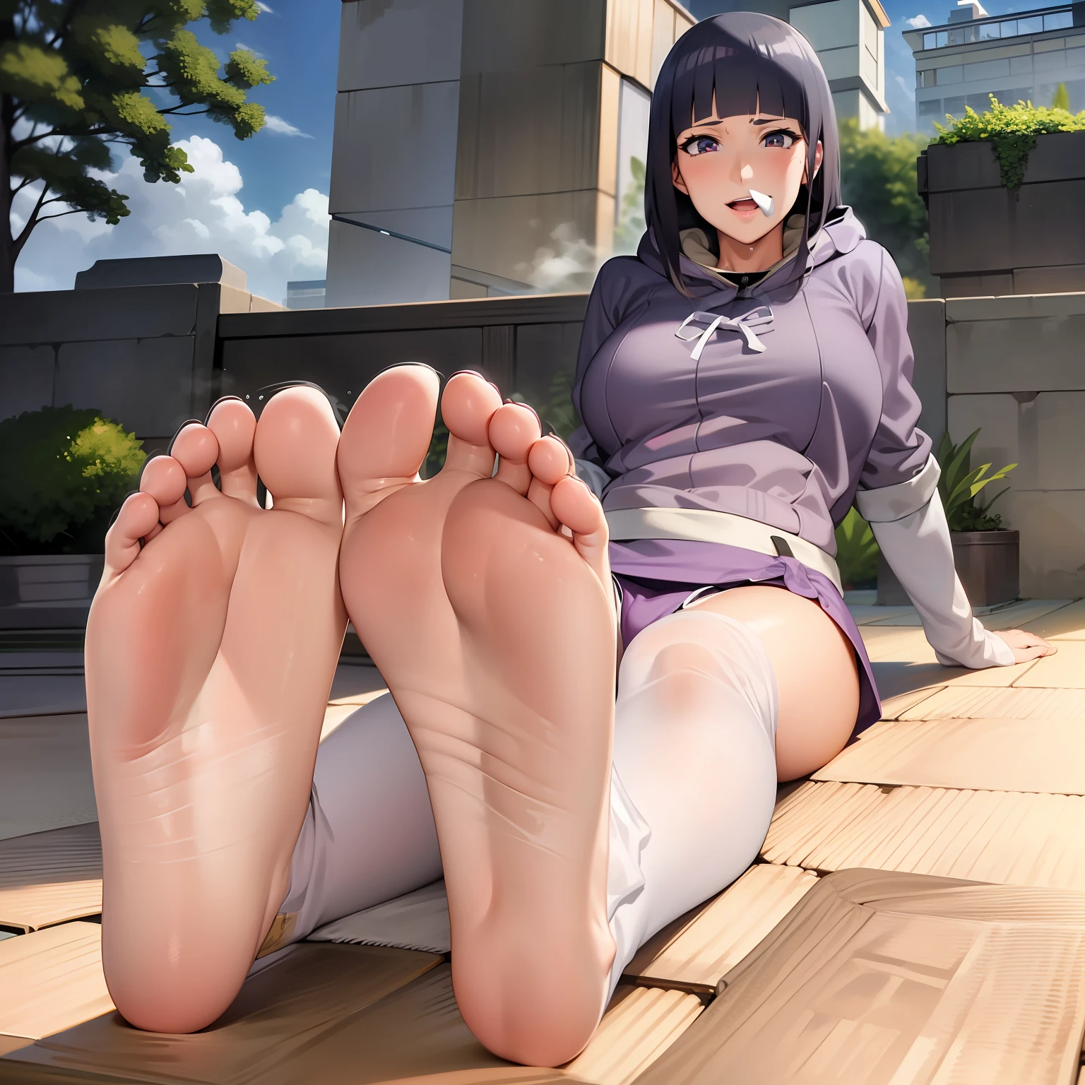 masterpiece, absurdres, hinata\(boruto\), 1girl,mature female, solo, purple hoodie, layered sleeves, brown pants, outdoors, smile, cowboy shot, sitting, feet up, soles, high quality, visible feet, five toes on left foot, five toes on right foot, anatomically accurate feet, sweaty feet, sweat, sweat drops, steam, steamy feet, dynamic light, tranquil, serene, smiling, looking at viewer, raytracing, high quality face, large breasts, solo,