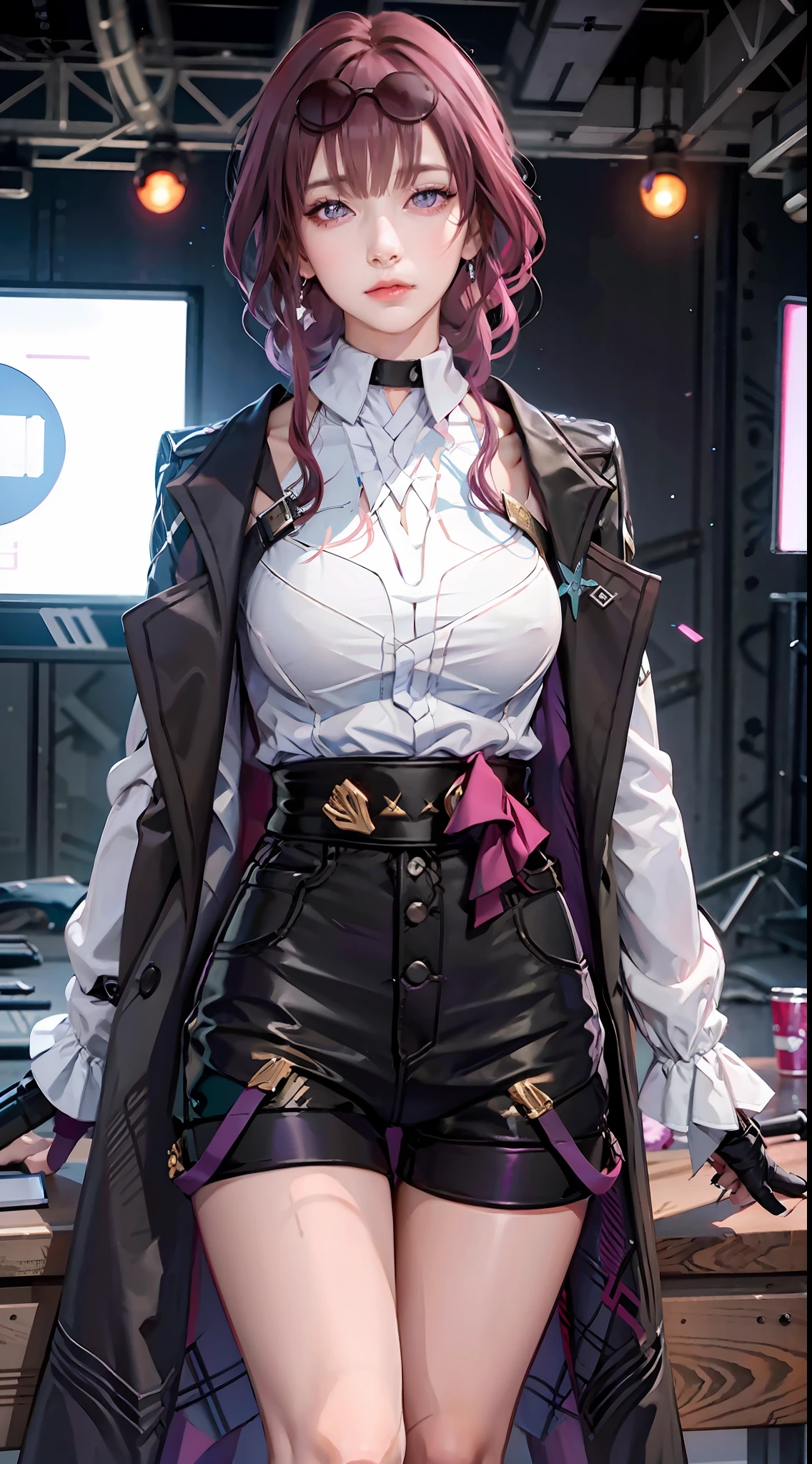 Masterpiece, Best Quality, 1girl, Official, Purple Eyes, Purple Hair, Bustiness, Denim Shot, Looking at the Audience, Dark, (Darkness), Cinematic Light, Edge Light, Delicate Eyes, (pureerosface_v1:0.5), Looking at the Audience, (Realisticity: 1.2), Provocative, Broken Star Track, Arrogant, Bangs Evil Face, Apocalyptic Background, Hot Pants, Shorts