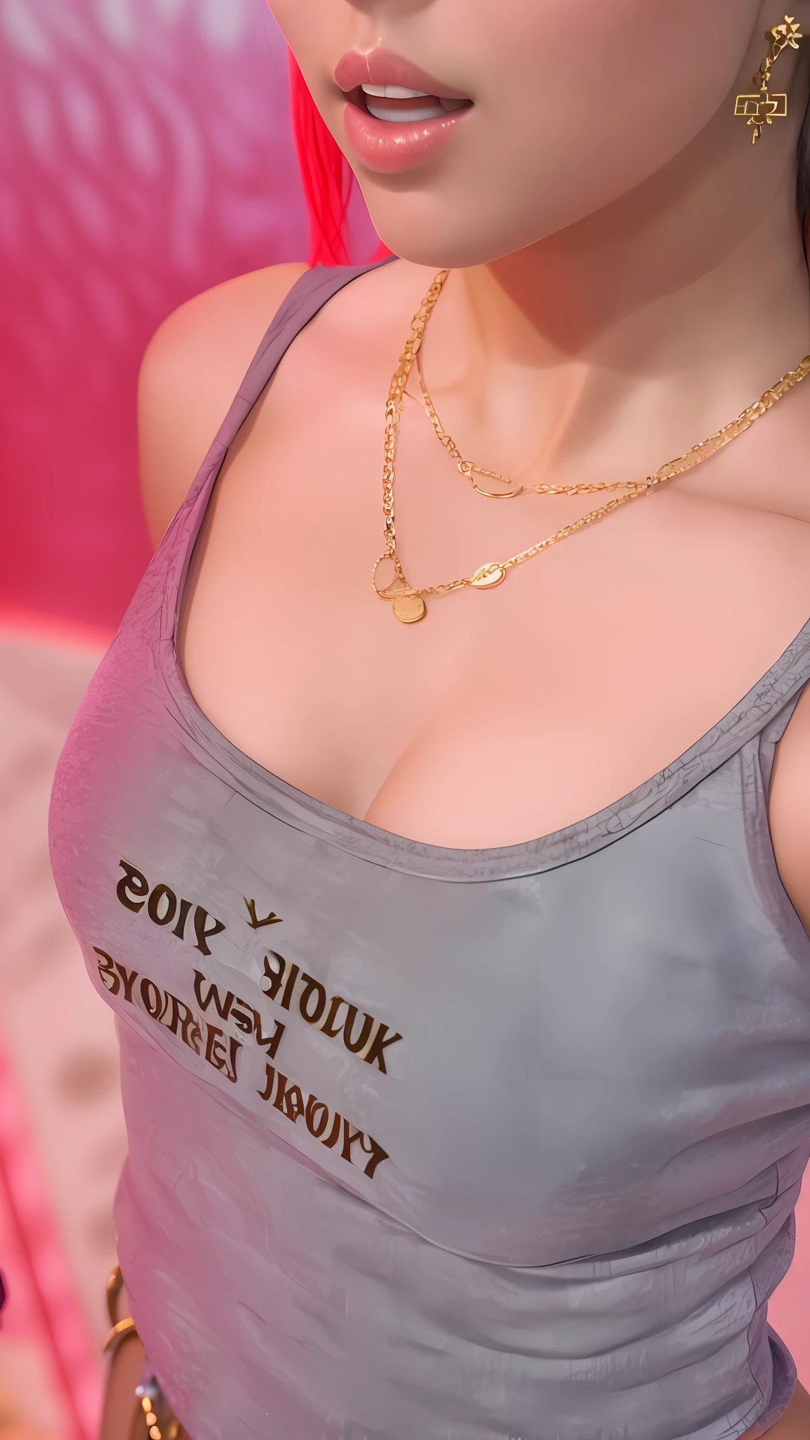 there is a woman that is taking a selfie in a mirror, necklace, open v chest clothes, gold necklace, low cut top, wearing gold chain, wearing bra, croptop, bralette, cleavage, wearing tanktop, wearing a gold chain, halter-top, gold chain necklace, halter top, wearing a low cut tanktop, wearing : tanktop , sexy , hot , big breasts , big boobs , 8k.