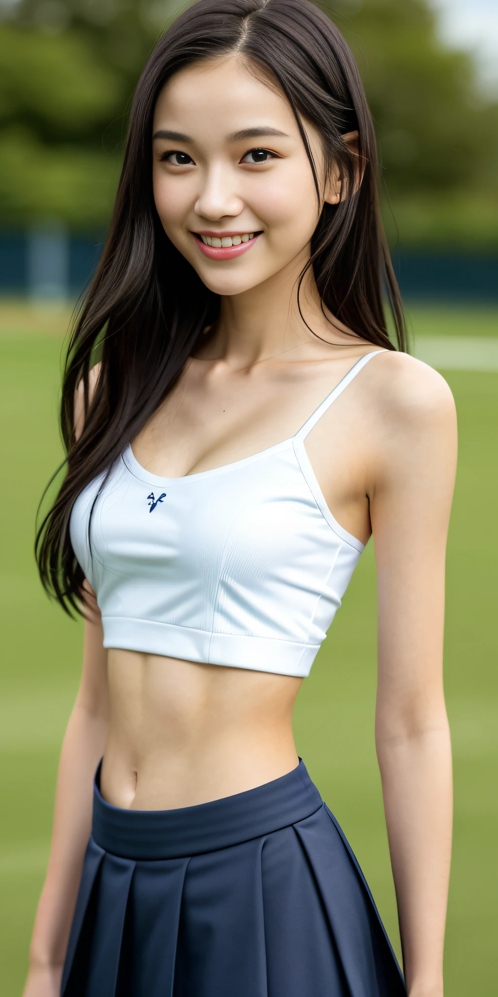 Neat college girl, petite person, (suit, dark blue skirt, white camisole), outside the athletic field, (slim), photorealistic, detail, skin texture, ultra detail, delicate sexy collarbone, smile, super detailed face, detailed lips, detailed eyes, double eyelids, constriction, navel, small breasts, small breasts, small, small, flat chest