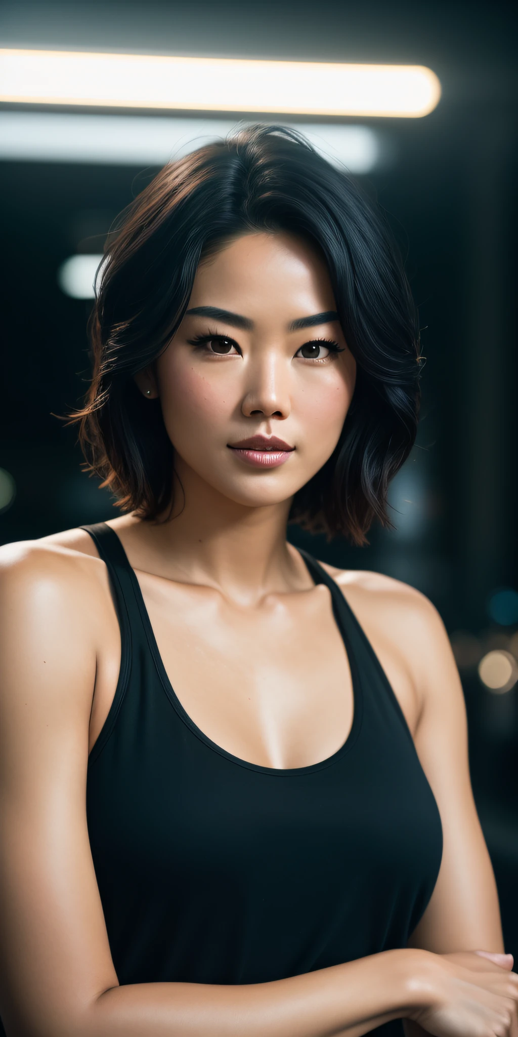 Full face portrait photo of a 30-year-old girl, RAW, Grace Park, Kelly Hu, Chloe Bennet, beautiful woman, semi-open strawberry lips, dimples, wistful look, (short black hair), ((detailed face)), ((detailed facial features)), (finely detailed skin), pale skin, wearing black tank top, black jeans, urban park environment, (cool colors), damp, damp, reflections, (masterpiece) (perfect proportion)(realistic photo)(best quality) (detailed) shot on a Canon EOS R5, 50mm lens, F/2.8, HDR, (8k) (wallpaper) (cinematic lighting) (dramatic lighting) (sharp focus) (intricate), RAW photo, RAW photo, gigachad photo, 8k uhd, dslr, high quality, grain film, Fujifilm XT3, film stock photography 4 kodak portra 400 camera f1.6 lens rich colors hyper realistic texture dramatic lighting unrealengine trend in artstation cinestill 800 tungsten, toughboy style, ultra focus face, intimidating, muscular,