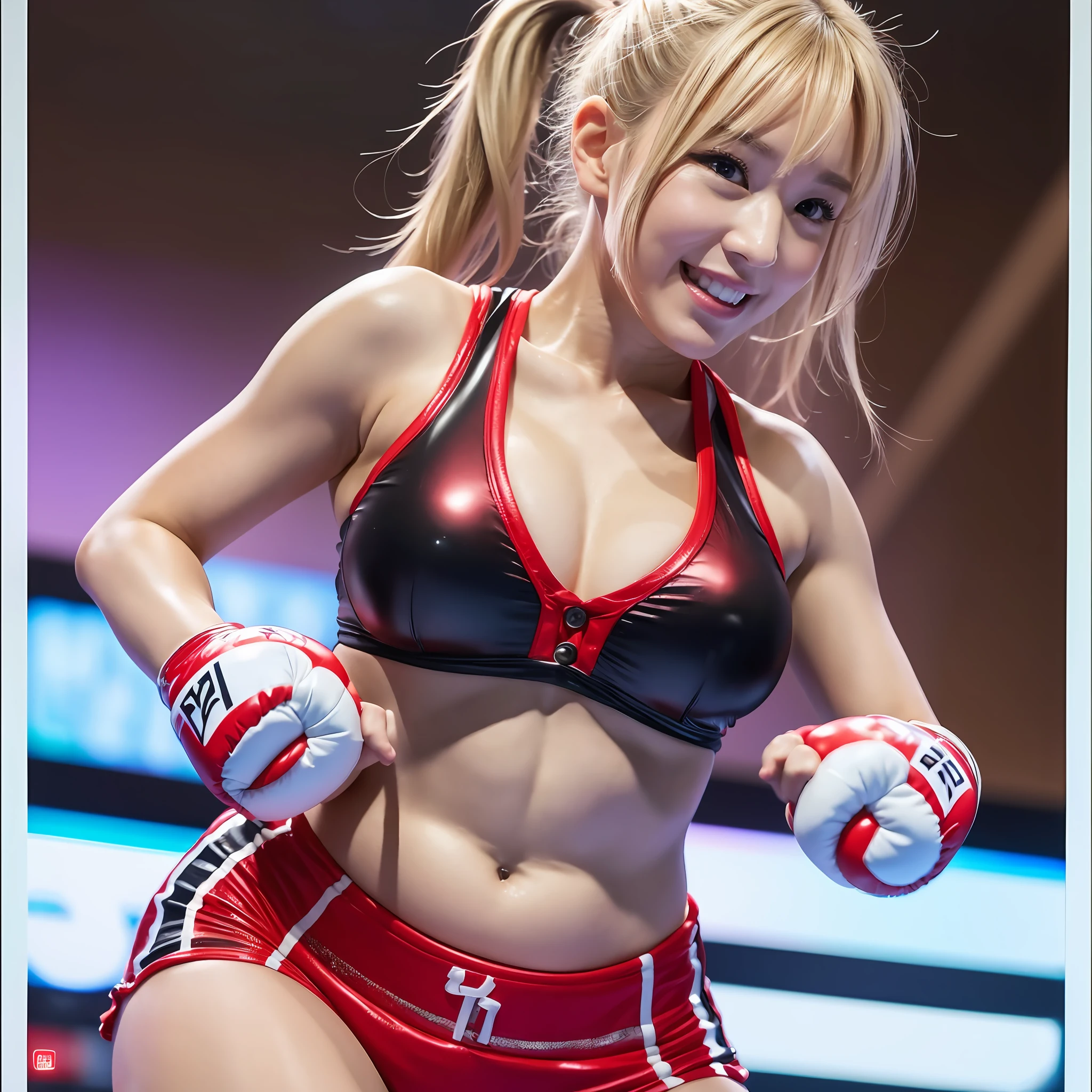 (8K, Ultra High Definition, Best Picture Quality, Masterpiece: 1.1), (Realistic, Photorealistic: 1.1), Super Detail, Bloom, Bokeh, Film Lighting, Light Glow, 1 Girl, Japan Girl, (Athlete: 1.1), Beautiful Detail Eyes, Beautiful Detail Teeth, Smile, (Full Body: 1.1), Stylish Body, Super Big, Blonde Ponytail Hairstyle, Bangs, Square Face, Upturned eyes, button nose, shallow midge, belly plump lips, boxing, red boxing costume, boxing ring