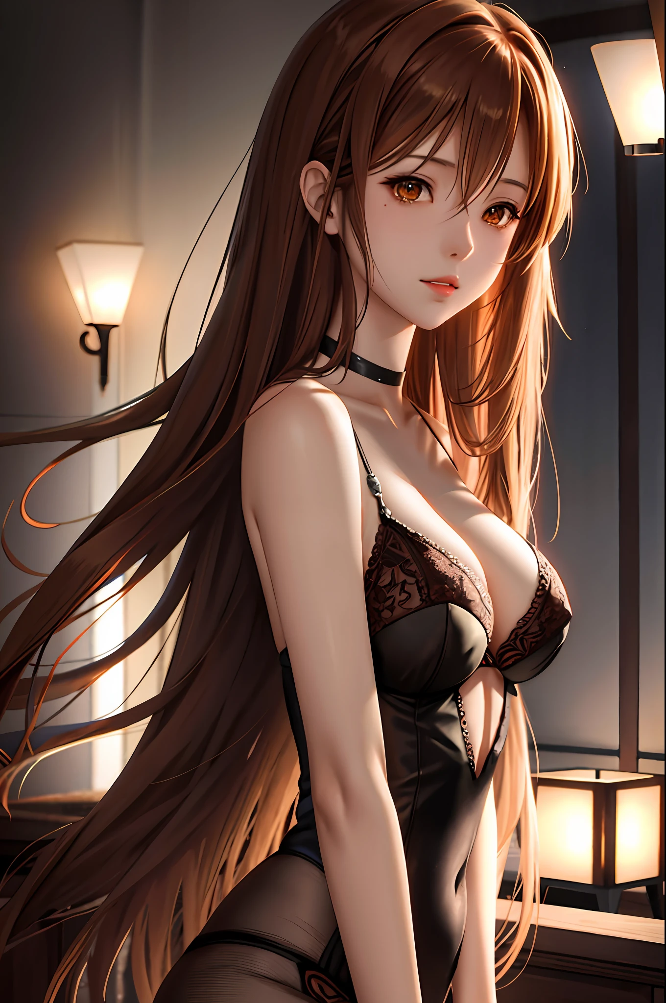Asuna yuuki (extremely detailed CG unity 8k wallpaper, masterpiece, best quality, ultra detailed), best lighting, best shadow, floating, lace lingerie, (1 girl), brown hair, brown eyes, beautiful face, dynamic angle, sensual pose, high saturated color, close-up. Asuna yuuki
