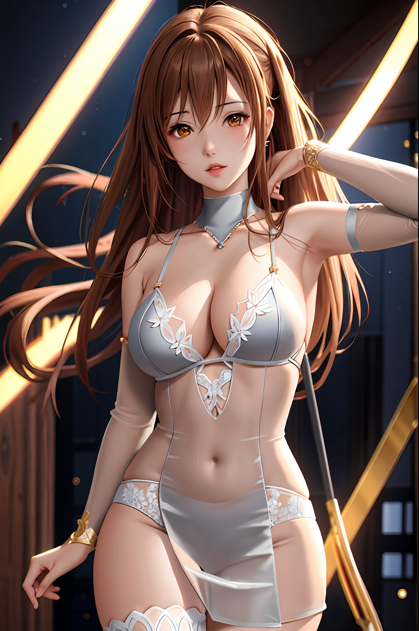 Asuna yuuki (extremely detailed CG unity 8k wallpaper, masterpiece, best quality, ultra detailed), best lighting, best shadow, floating, lace lingerie, (1 girl), brown hair, brown eyes, beautiful face, dynamic angle, sensual pose, high saturated color, close-up. Asuna yuuki