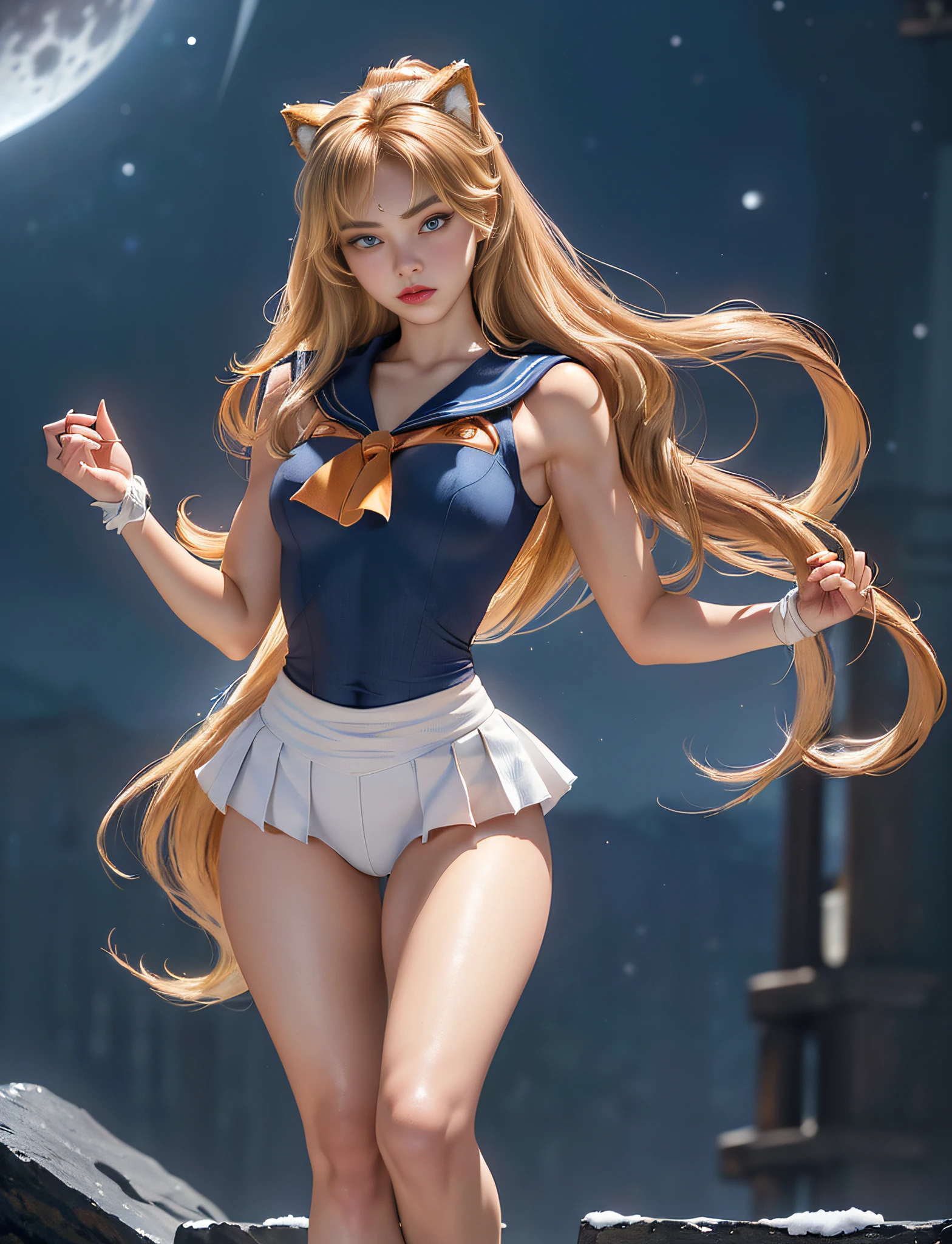 ((very detailed RAW color photo)), ((realistic)), (((1 girl))), (((alone))), (((30 years))), ((athletic)), ((very defined toned physique)), ((very defined and beautiful muscular body)), (((very detailed perfect body))), (((small and defined breasts))), (((ultra defined curves))), (((superior quality, 8k, masterpiece: 1.3)), sharp focus: 1.2, (((extremely beautiful girl with perfect figure: 1.4))), ((very thin waist: 1.2)), ultra detailed skin texture,  ((perfect and beautiful hands)), ((smooth and soft skin)), (ultra detailed fabric texture), extremely beautiful ultra detailed face, (((extremely beautiful))), ultra detailed, (((girl wearing Sailor Venus costume))), (((extremely long curly blonde hair))), extremely beautiful, (((extra long ponytail with bangs))), ((very detailed and beautiful wolf ears)), (hair on the face), ((hair ribbon)),  dynamic pose, ((uniform leaves thighs exposed)), ((ultra detailed and toned legs)), (((ultra detailed waist))), (((very wide hips))), (((very thick and toned thighs))), (sexy), (((extreme hourglass figure))), (((very thick heart lips))), ((red lipstick)), ((ultra detailed lips)), ((ultra detailed blue eyes)), ((angry look)), (((staring at the viewer))), ultra detailed provocative mouth,  extremely beautiful seductive lips, ((blushing)), (makeup), (((ultra defined waist))), eye shadow, (full body shot), starry night, night sky, stars, full moon, galaxies and nebulae, snow