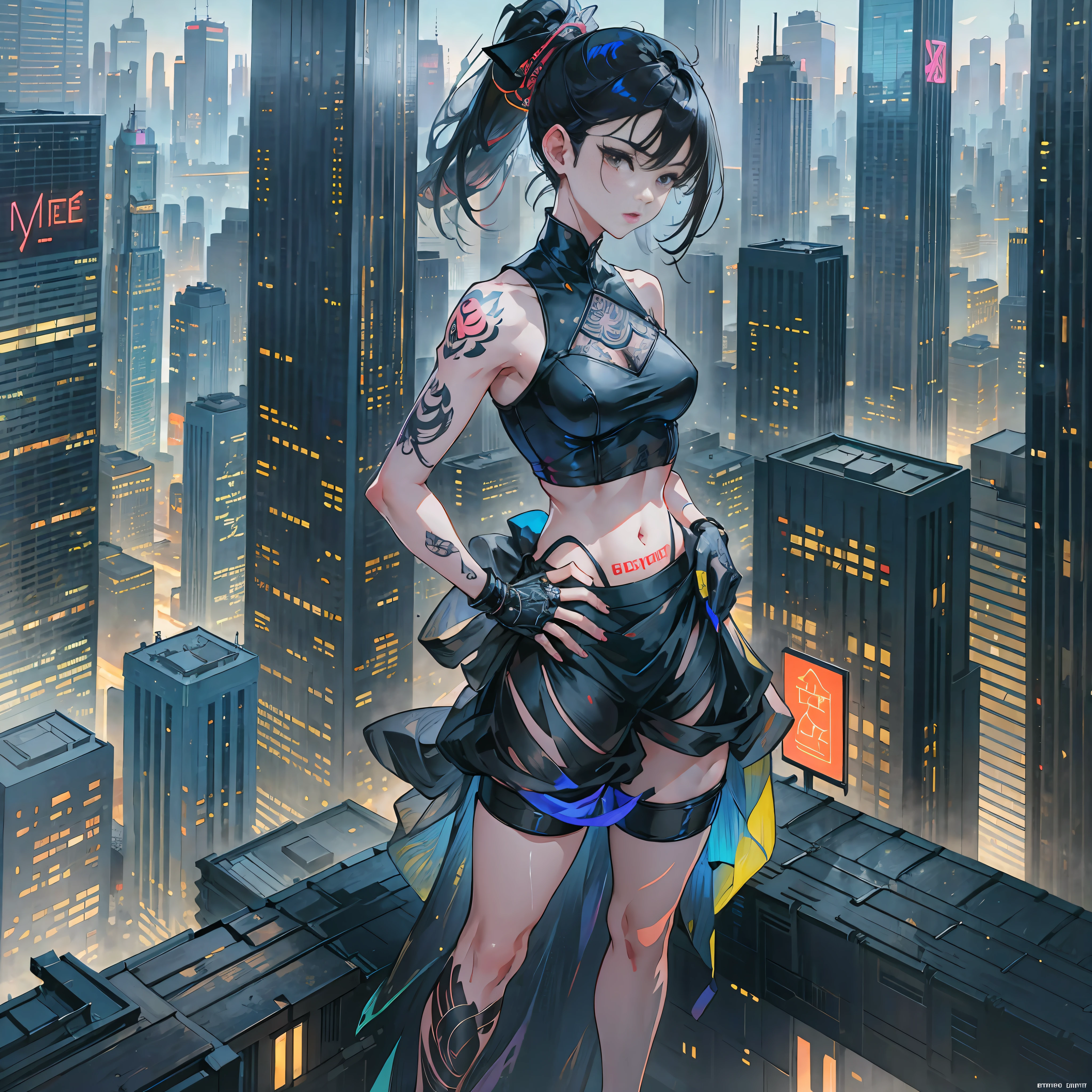 masterpiece, highres, original, extremely detailed wallpaper, an extremely delicate and beautiful,skyscrapers, neon lights, city, stand on the roof, rooftop, bandaged hands, barefoot, mechanical legs, shorts, tattoo, standing, hand on hip, black hair, ponytail, full body, 1girl, parted lips, backlighting, small breasts, ruins, crop top. --auto --s2