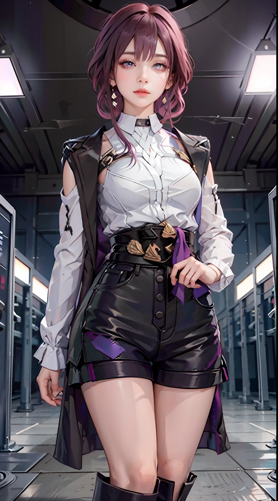 Masterpiece, Best Quality, 1girl, Official, Purple Eyes, Purple Hair, Bustiness, Denim Shot, Looking at the Audience, Dark, (Darkness), Cinematic Light, Edge Light, Delicate Eyes, (pureerosface_v1:0.5), Looking at the Audience, (Realisticity: 1.2), Provocative, Broken Star Track, Arrogant, Bangs Evil Face, Apocalyptic Background, Hot Pants, Shorts